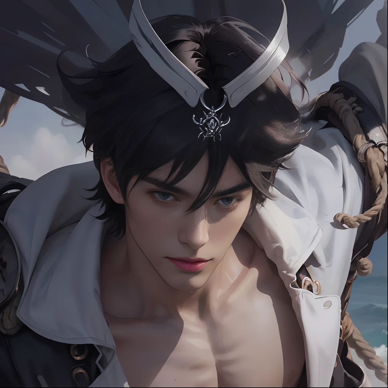 1 male, (male model) hot skin, masterpiece, best qualities, most handsome man in the world, by Shen Quan, perfect body, beautiful male model, attractive male lead 20- 25 years old aesthetic, boat, pirate, mast, sail, rope, blue sky, clouds, rough and handsome young man in transparent white robe, transparent white cloth, shoulder jacket , exposed pectoral muscles, exposed thighs, ((white transparent briefs exposed)), (male focus), (smooth body)), smile, super cute, dynamic pose, cool and glamour, dramatic lighting, full body shot, full body shot, young face, full body, hairless body, tall thin, well proportioned body, outstanding celebrity, white or white skin, Young face , toned body, hd, natural skin tone, soft light, highly detailed, looking at audience, photography, detailed skin, real people, realistic, realistic optics, crazy detail, detailed facial detail, exaggeration maximization, exaggerated surrealism, film , telephoto, lightly intricate detail , high detail, high detail, digital painting, artstation, concept art, take smooth, sharp, illustrations, Unreal Engine 5.8K, art by Ross Tran and Greg Rutkowski and Alphonse Mucha, UHD, 8k, Men's only display .8k Ultra HD, DSLR, low light, high quality, film grain, fujifilm XT3, male fan, 2 person model, two people, black hair, long, pirate hat.