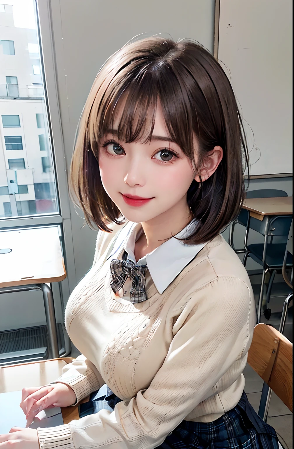 masterpiece、top-quality、超A high resolution、(photographrealistic:1.4)、((1girl in、White fair skin:1.4、sitting at the desk、From above、looking at the viewers、Cowboy Shot、17 age、spotless、cute little、A dark-haired、bobhair_cut、short hair with bangs、Big breasts))、(School Uniforms:1.2), (Wearing a beige knitted sweater over a white shirt:1.3), (Red bow:1.3), (plaid pleated skirt:1.3),(A smile、Happiness、Joy、jolly、closes mouth)、High detailed eyes、(((Classroom)))、long neck、(((short hair with bangs)))、Lashes、((Very beautiful、Very beautiful))、(((natural soft light、gazing at viewer、Entice your audience、爆乳、Highlights in the eyes)))