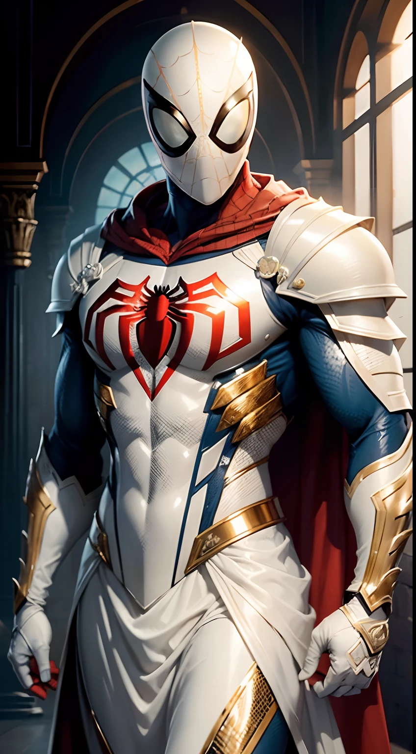 Sorprendeme spiderman , spider man, Superhero dressed in white and gold, Intrincada armadura blanca y dorada, Armadura blanca detallada, Pesada armadura blanca y dorada, Elegante armadura blanca brillante, Photogenic details in the armor, Armadura blanca brillante, Armadura ornamentada blanca y dorada, Elegante armadura blanca, Superb detail 8K, intrincada armadura blanca, Primer plano - Ver, Traje intrincado, White metal armor