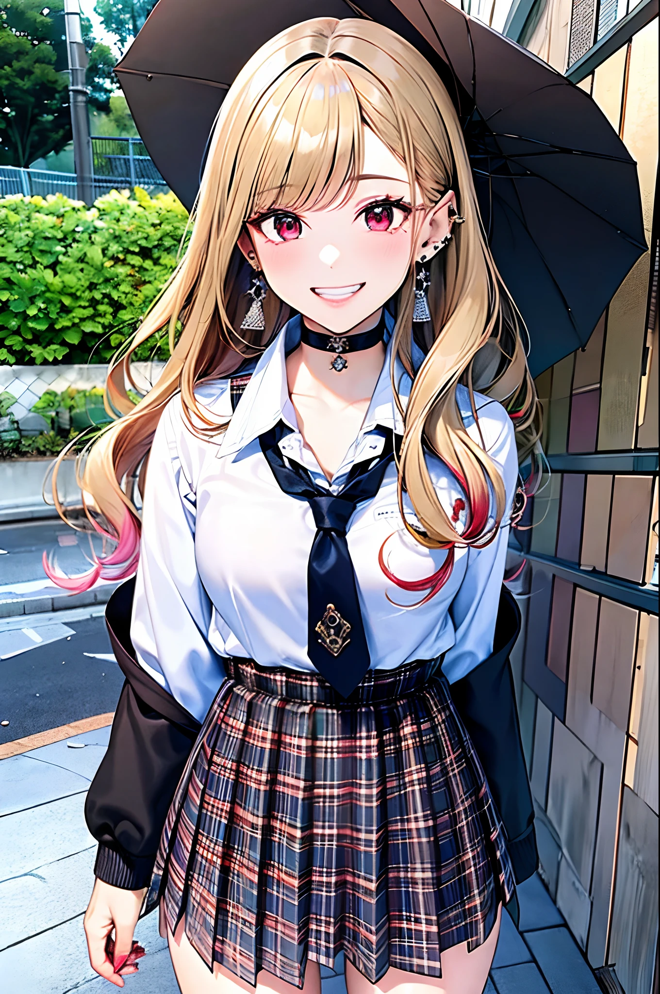 masterpiece, best quality, highres, kitagawa marin, 1girl, blonde hair, long hair, multicolored hair, red eyes, jewelry, earrings, piercing, school uniform, white shirt, tied shirt, black choker, blue necktie, plaid skirt, grin, smile, standing, cowboy shot, outdoors,