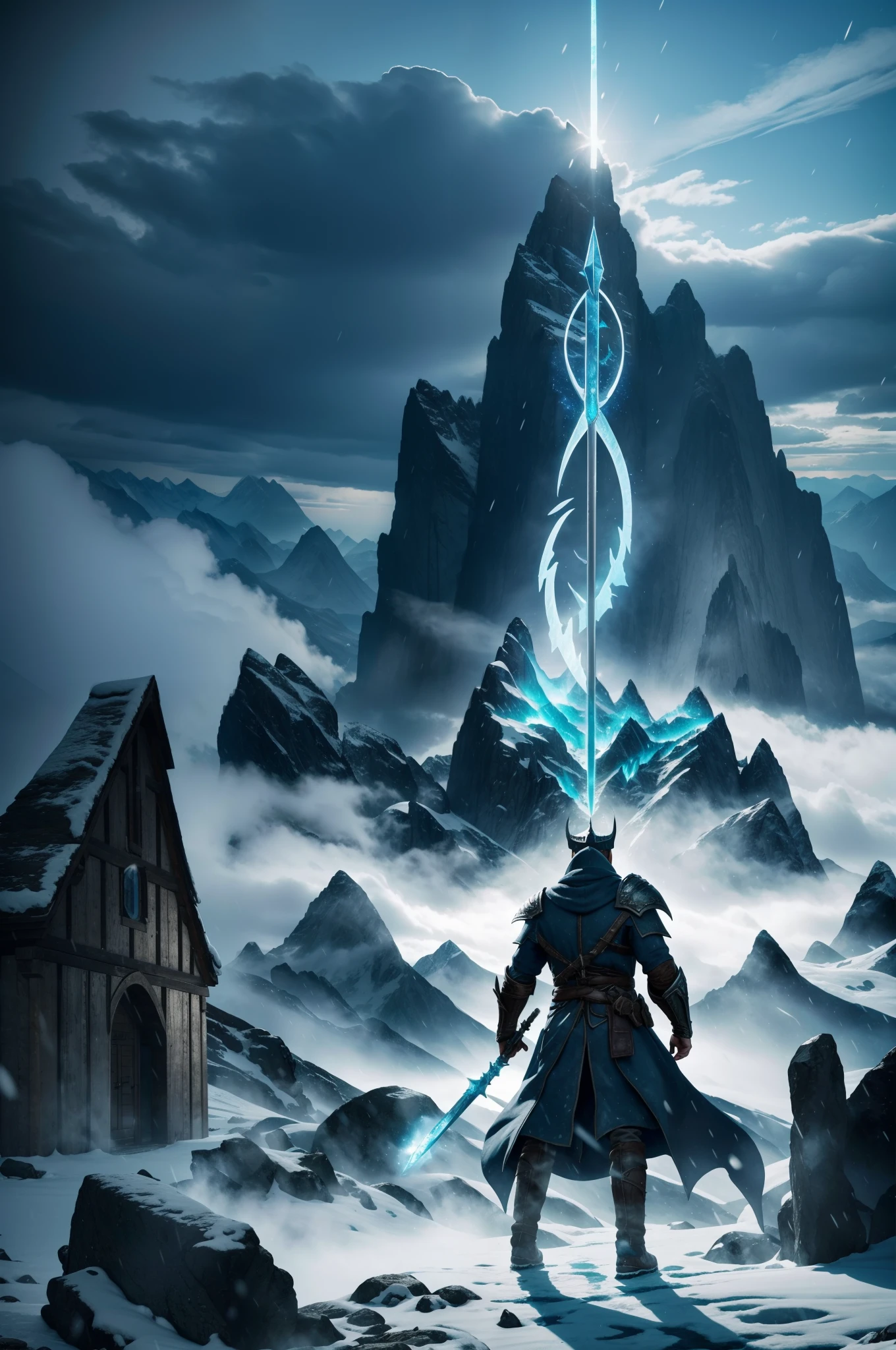 Hintergrung: Berge mit Schnee bedeckt. Dunkle Atmosphere. Wise old man stands with his hands raised on mountain in the middle. Weisser langer bart. He wears a gray robe that blows in the wind. Sturm und Schneesturm. Hinter dem Mann erscheint ein riesiger Lich Drache. Dragon made of ice and bones with shredded wings. Blau leuchtend. Beautiful blue image lighting. Blaue Blitze am Himmel. Dunkle dichte Wolken. Drache schreit mit weit aufgerissenem Maul. Pointed teeth. Blau leuchtende Augen. Eisfeuer. Tiefer dunkler abgrund. Heroisch. Skyrim. Zauber casten. Zauber wirken. Conjure.