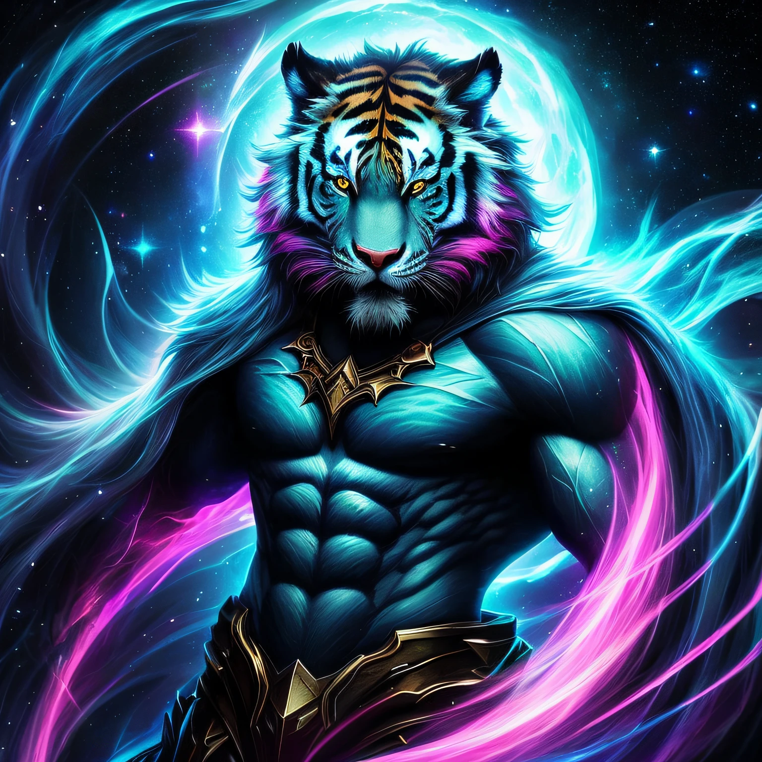 knollingcase, a solo full body were-tiger/man[buff, muscular, (pink and teal striped)], (((vibrant, photo realistic, realistic, dramatic, sharp focus, 8k))). In the vibrant glow of the cosmos, a young furry with an ethereal and devilish demeanor emerges, his features bathed in the lunar glow. His fur, pink and teal striped, reflecting like a mirror, the starlit night. Within his captivating gaze, galaxies swirl, vibrant hues of cosmic dust and celestial wonders painting a mesmerizing tapestry in shades of blue. Adorning his maw, ferociously caging, are a pair of sabertooth fangs, a sharp addition that adds a feral touch to his captivating gaze. His presence evokes a sense of pride, drawing the viewer into a realm where darkness and beauty intertwine. As his presence commands attention, the enigmatic allure of this captivating figure captivates the imagination, inviting contemplation of the hidden depths that lie beneath his captivating gaze.