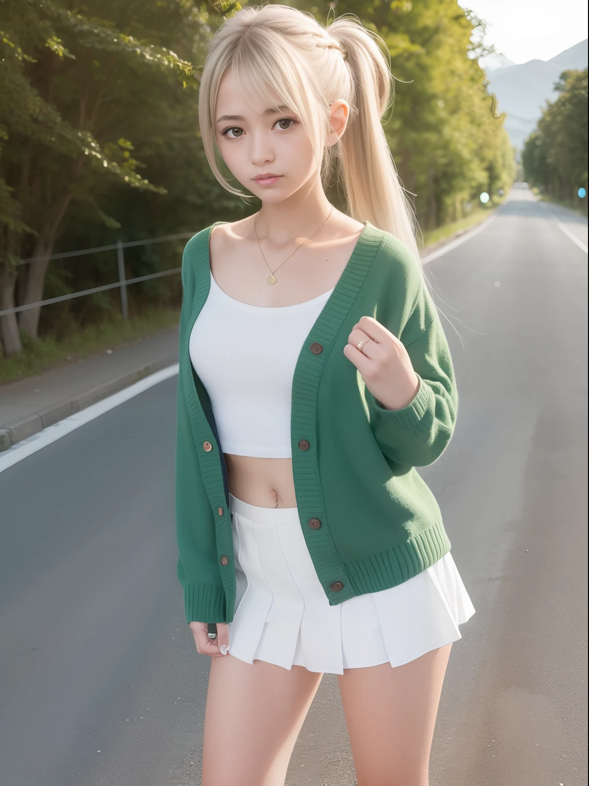 a 18 year old girl,masutepiece , Best Quality,Nahida(GenshinImpact) ,1girl in , tiny chest,Long hair ,Side Ponytail, Hair Ornament , White hair , Green hair , hand behind head:1.5,multicolored hair, elf , pointy ear , School summer clothes , Wearing a miniskirt ,Cardigan,mountain road , Street,looking at the viewers
