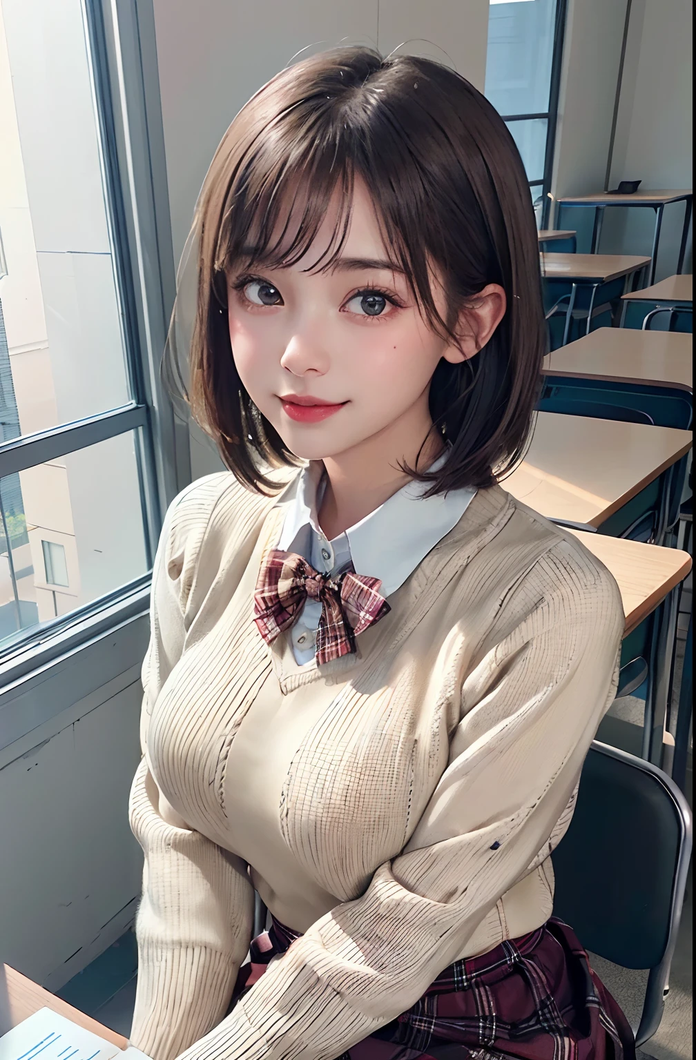 ​masterpiece、top-quality、超A high resolution、(photographrealistic:1.4)、((1girl in、White fair skin:1.4、sitting at the desk、From  above、looking at the viewers、Cowboy Shot、17 age、spotless、cute little、A dark-haired、bobhair_cut、short hair with bangs、Big breasts))、(School Uniforms:1.2), (Wearing a beige knitted sweater over a white shirt:1.3), (Red bow:1.3), (plaid pleated skirt:1.3),(A smile、Happiness、Joy、jolly、closes mouth)、High detailed eyes、(((‎Classroom)))、long neck、(((short hair with bangs)))、Lashes、(((natural soft light、gazing at viewer、Entice your audience、爆乳、Highlights in the eyes)))、[(Hassleblad H6D-400c)], [(Medium format image)],[(dream-like)],[(400 mega pixels)], (Photorealsitic:1.4), (Raw photography:1.2), (8K), (​masterpiece:1.3), (realisitic), (A hyper-realistic), ultra-detailliert, illustratio, very_high_Realistic:1.5 ,very_high_resolution:1.5, nffsw, nffsw, Unity, 8K Picture Wallpaper, astonishing、finely detail, Official art, Highly detailed ticker Unity 8k wallpaper, (top-quality), incredibly absurdness, ultra-detailliert, Light on the Face, cinematric light, 电影灯光, Professonal lighting、photon maping、Radio City、physically-based renderingt、solofocus、foco nítido、 hight resolution、ighly detailed、extremely delicate and beautiful、intricate detailes、face muscles、a beautiful detailed girl、Natural makeup、extra detailed face、looking at away、