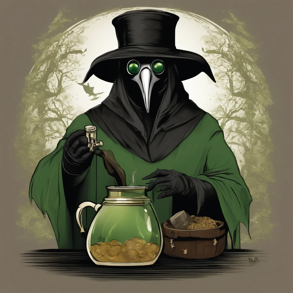 "A plague doctor with a dark mask and an ancient costume, Holding a mysterious potion in his gloved hands, in a dark and enigmatic laboratory. Ao fundo, um aura sinistra de cor verde fulgurante e venenosa, emanando raios de luz. Ao seu lado, A small green pet mouse, observando curiosamente."