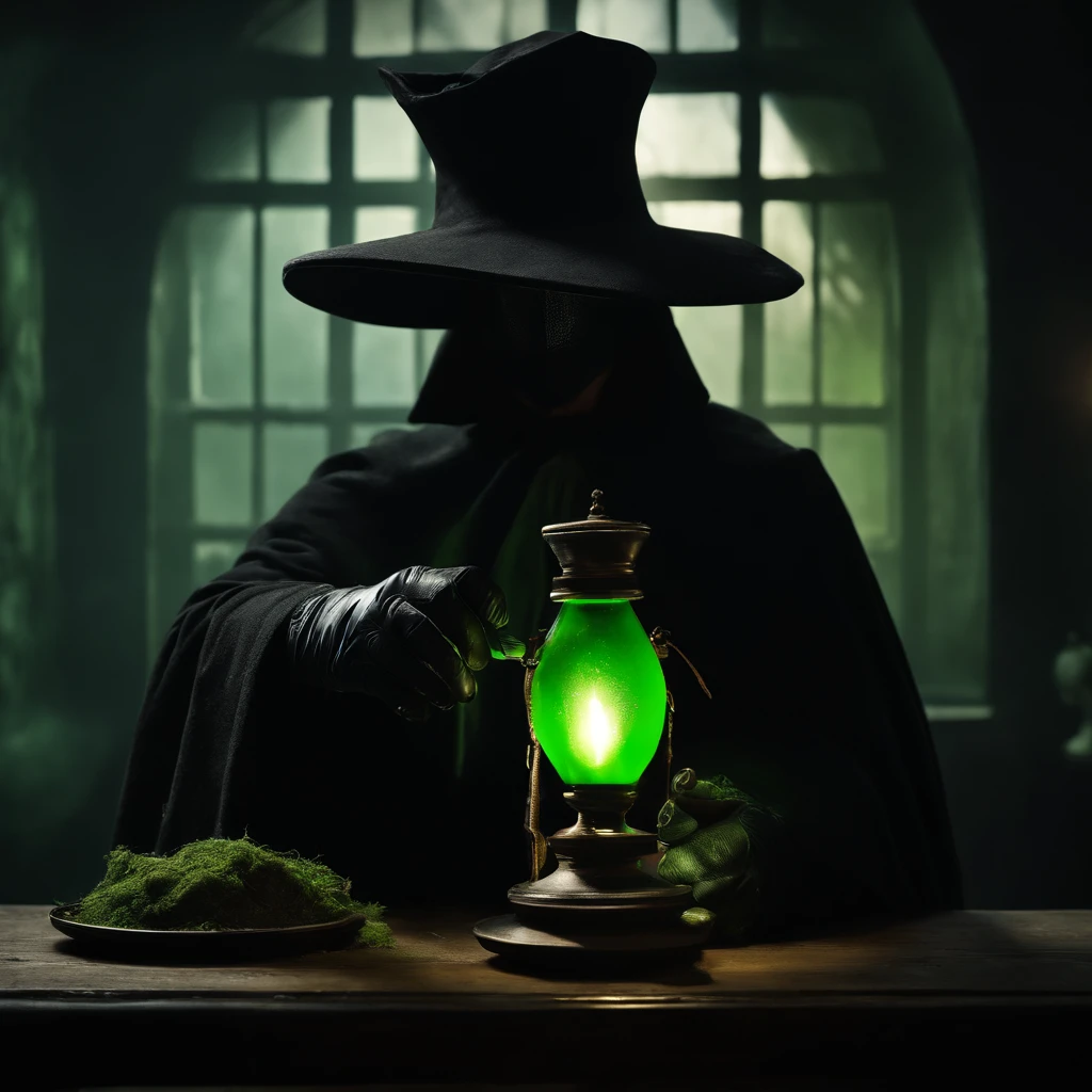 "A plague doctor with a dark mask and an ancient costume, Holding a mysterious potion in his gloved hands, in a dark and enigmatic laboratory. Ao fundo, um aura sinistra de cor verde fulgurante e venenosa, emanando raios de luz. Ao seu lado, A small green pet mouse, observando curiosamente."