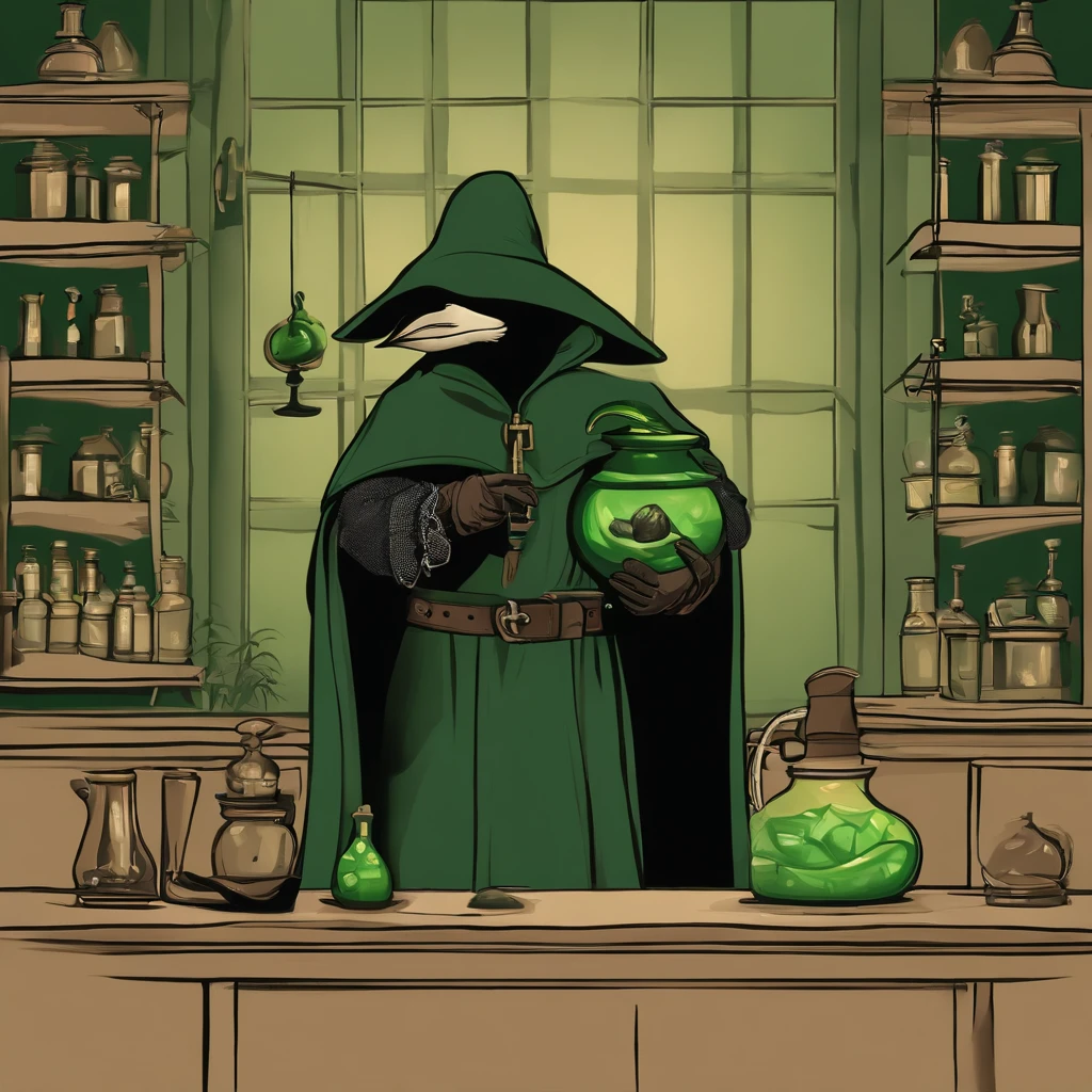 "A plague doctor with a dark mask and an ancient costume, Holding a mysterious potion in his gloved hands, in a dark and enigmatic laboratory. Ao fundo, um aura sinistra de cor verde fulgurante e venenosa, emanando raios de luz. Ao seu lado, A small green pet mouse, observando curiosamente."