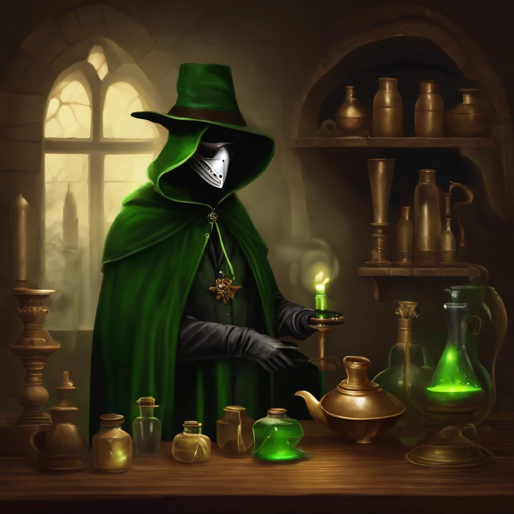 "A plague doctor with a dark mask and an ancient costume, Holding a mysterious potion in his gloved hands, in a dark and enigmatic laboratory. Ao fundo, um aura sinistra de cor verde fulgurante e venenosa, emanando raios de luz. Ao seu lado, A small green pet mouse, observando curiosamente."
