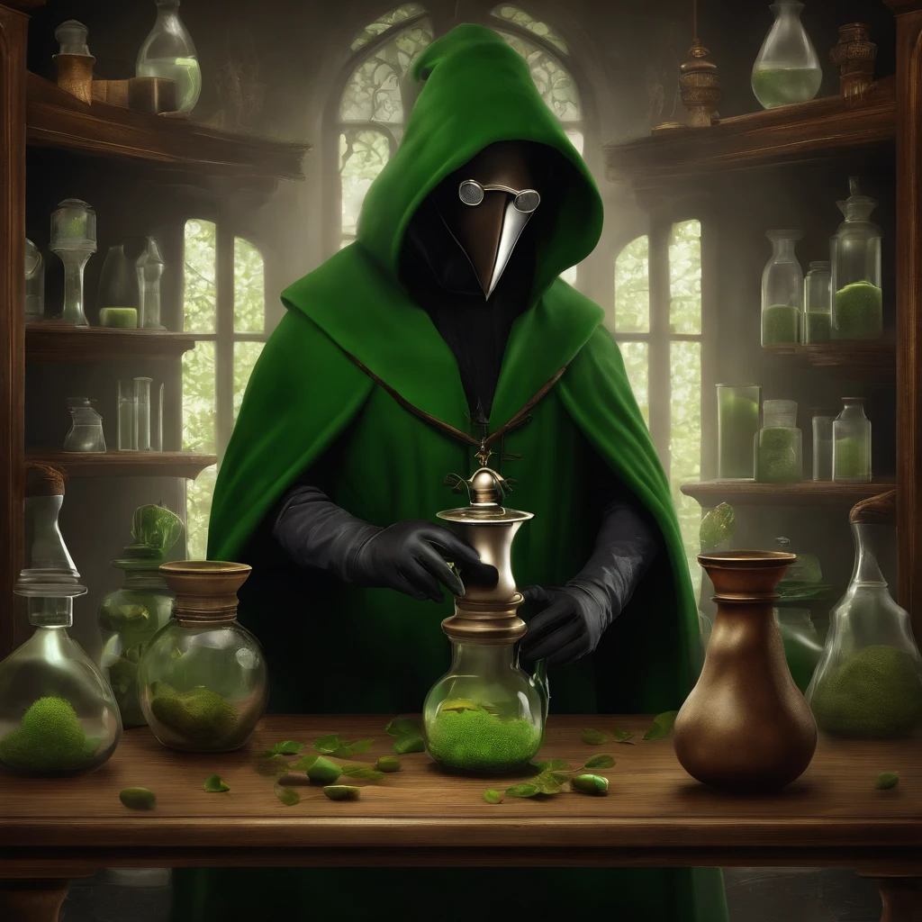 "A plague doctor with a dark mask and an ancient costume, Holding a mysterious potion in his gloved hands, in a dark and enigmatic laboratory. Ao fundo, um aura sinistra de cor verde fulgurante e venenosa, emanando raios de luz. Ao seu lado, A small green pet mouse, observando curiosamente."
