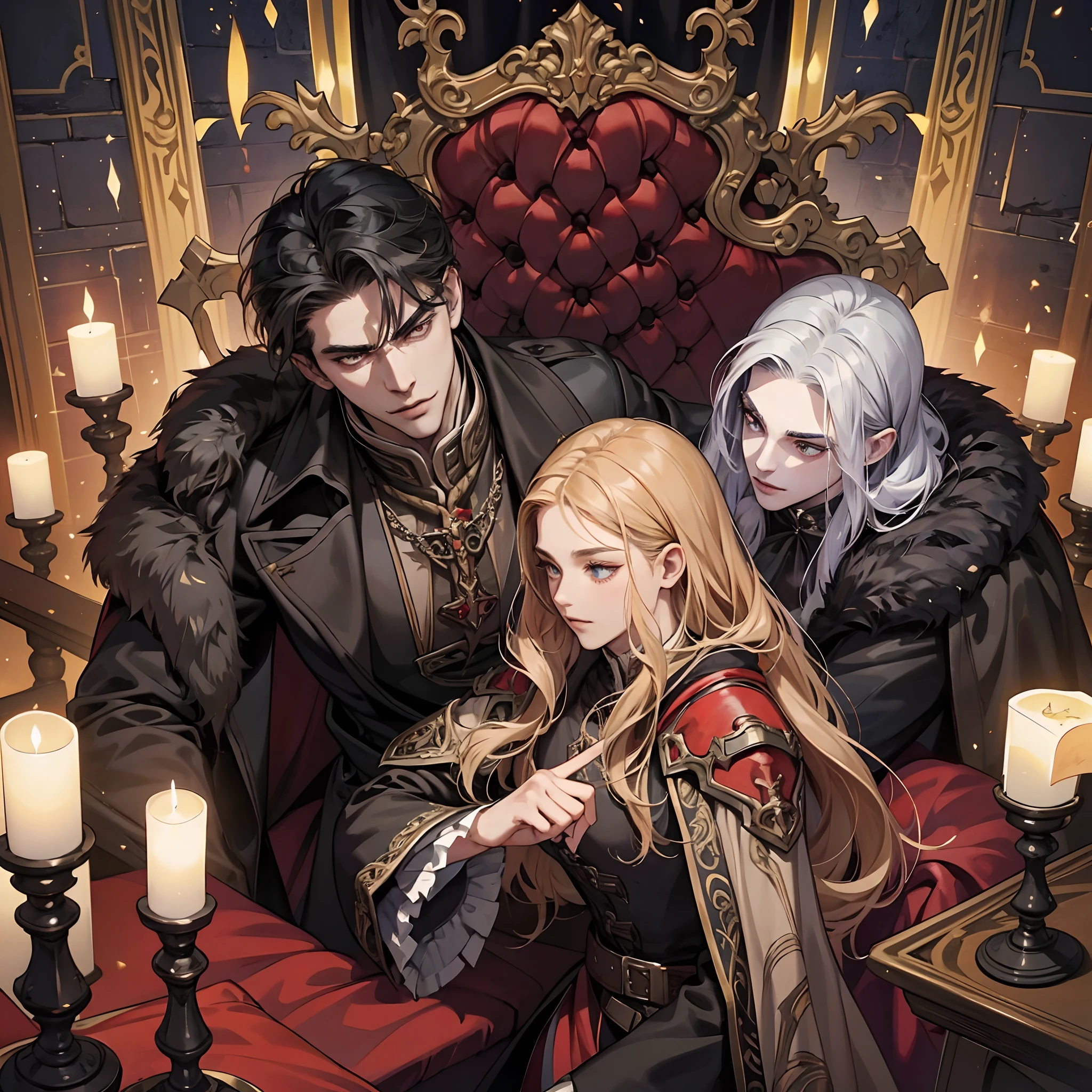 Castlevania Shadow Lord handsome muscular Lord Dracula in the throne room with his soldiers looking into Map of Conquest discussing two lords showing greatness old scenes from cinematic scrolls movie Legendary epic perspective