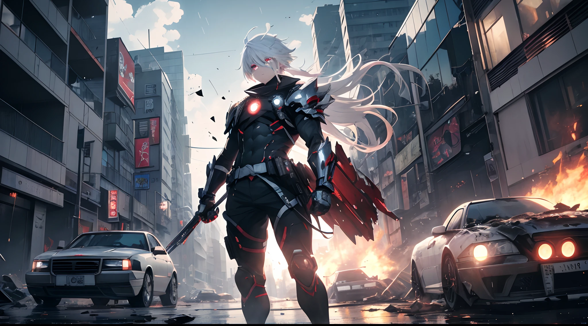 Anime boy ,4k ultra realistic, wallpaper 8k , glowing eyes,8k amine image, white hair, looking through a broken glass, 8k hyper realistic, standing in a fighting position, raining, wearing a Red armour, blue tone, long hair, in a city, 8k , hyper realistic, buildings, Fire, angry look, revange eyes, 8k realistic, broken buildings, broken cars, destroyed city,
