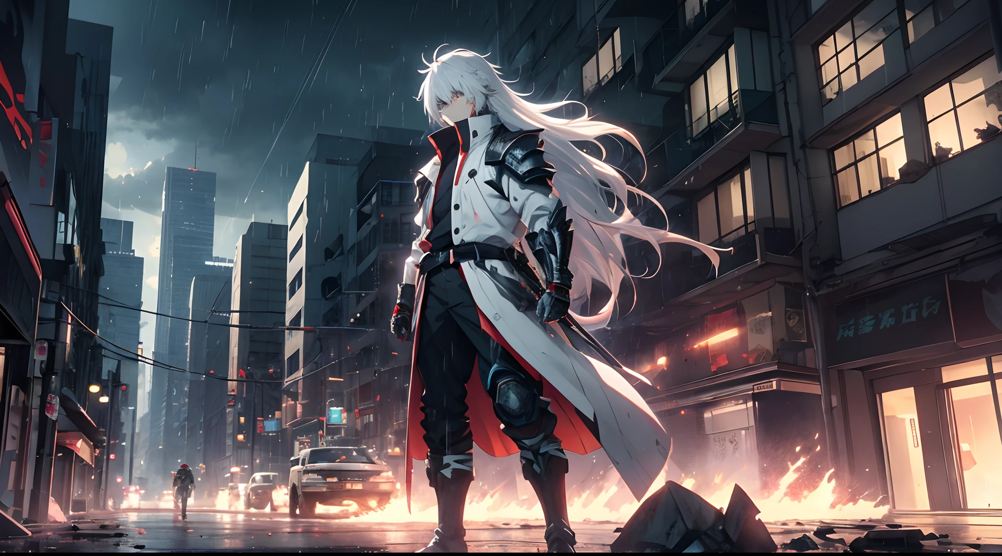 Anime boy ,4k ultra realistic, wallpaper 8k , glowing eyes,8k amine image, white hair, looking through a broken glass, 8k hyper realistic, standing in a fighting position, raining, wearing a Red armour, blue tone, long hair, in a city, 8k , hyper realistic, buildings, Fire, angry look, revange eyes, 8k realistic, broken buildings, broken cars, destroyed city,