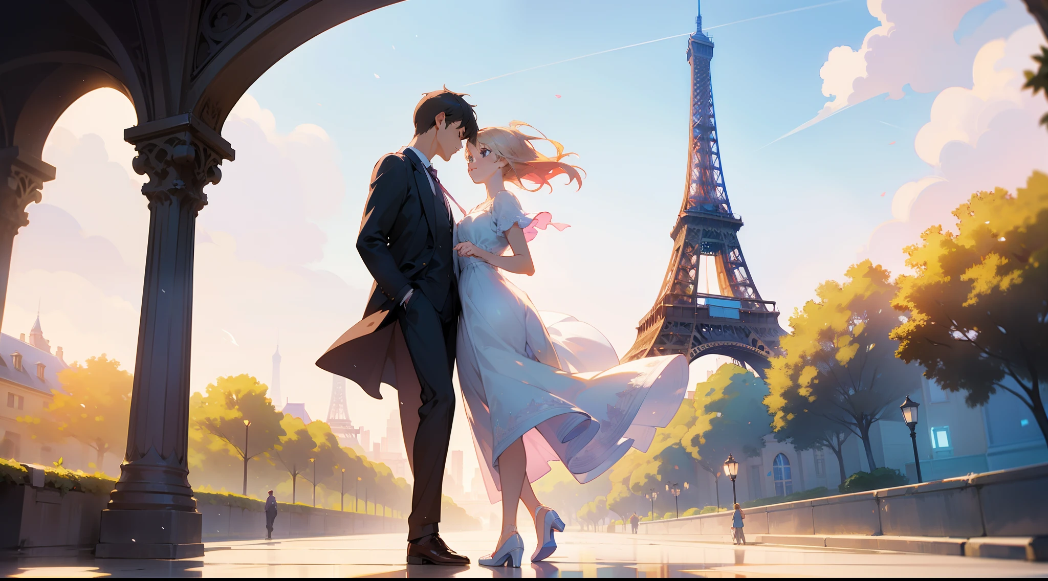 A beautiful couple is walking in a typical French street with the Eiffel tower in the background, elegant summer clothes, clear sunny day, high resolution, high definition, intricate details, dynamic composition, pastel colors, panoramic view, full body shot, soft lighting, bokeh, anime style