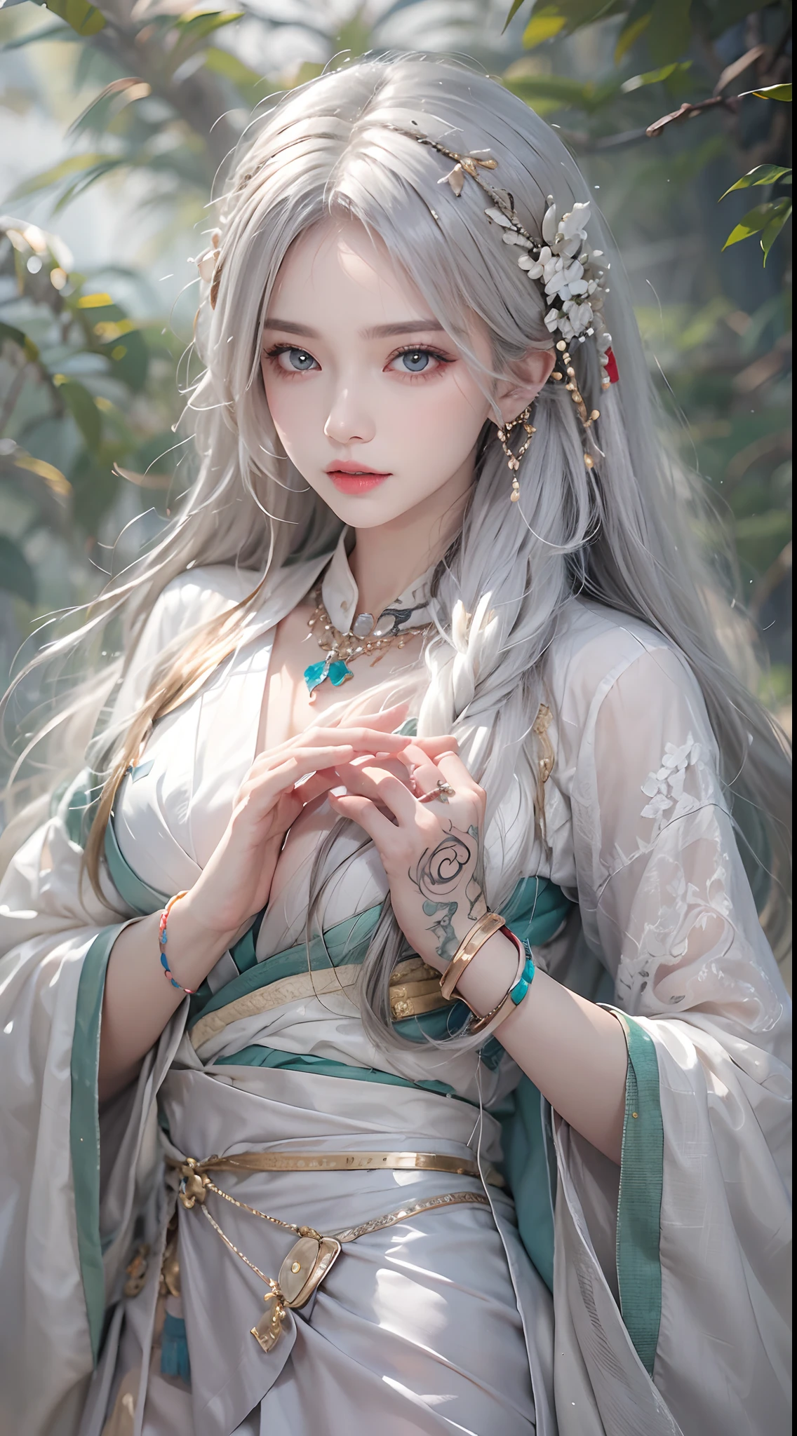 1 girl, cute face, art style, Beautiful girl in a transparent gray robe standing in a dark forest, Magnificent style, Octane Rendering, Desert Composition, Beautiful Face, Detailed face, Surreal, Awards, artwork, Art Station Trends, Studio Ghibli, Close-up of a girl