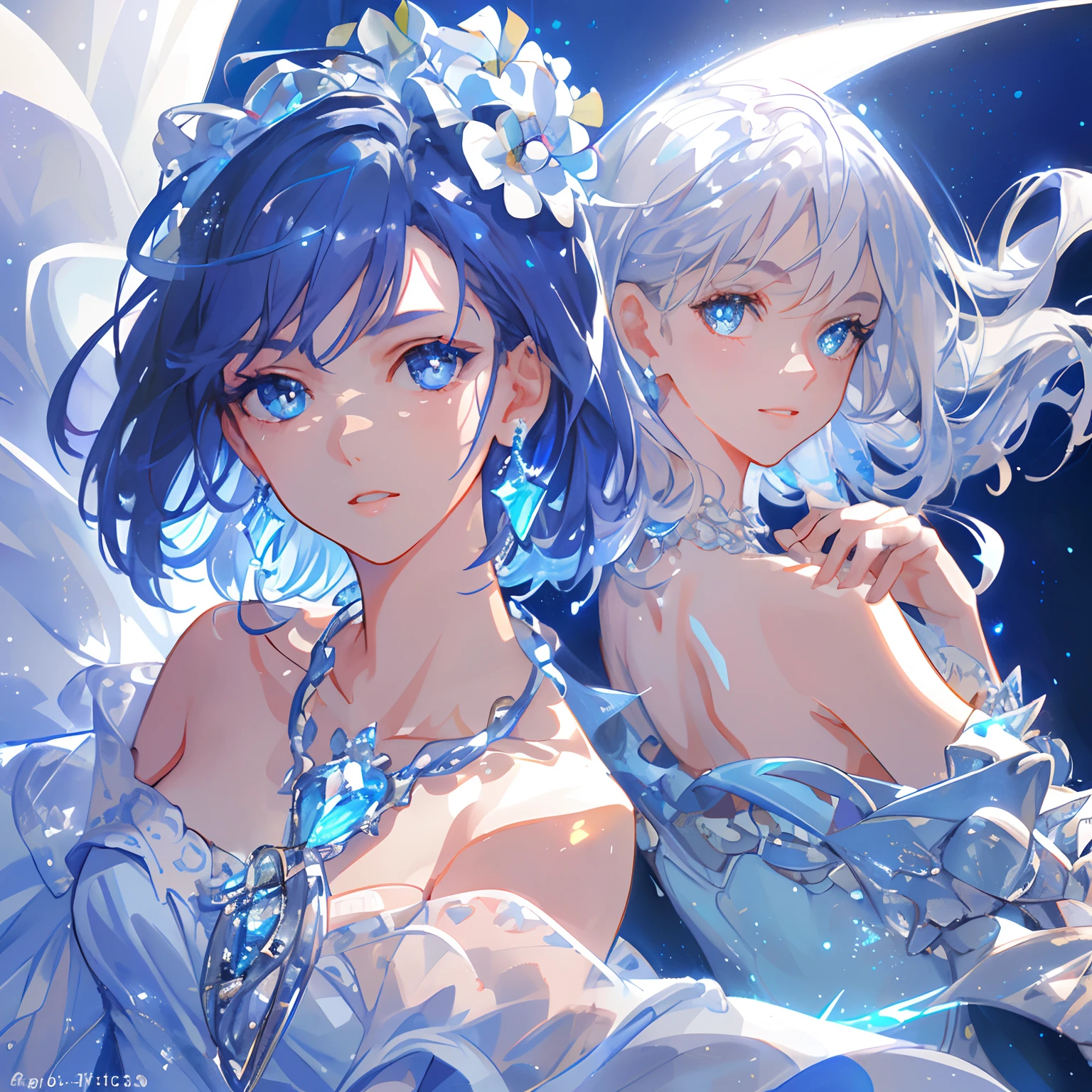 ((Highest quality)),(Ultra-high resolution),Flared skirt dress,High neck、The material of the dress is deep blue rose、Highly detailed CG Unity 8k wallpaper, , Earrings, Blue hair, Curly Hair, Blunt bangs, Straight bangs, Blue eyes, White skin, Gal, Improve、Her flat chest is hidden by her dress