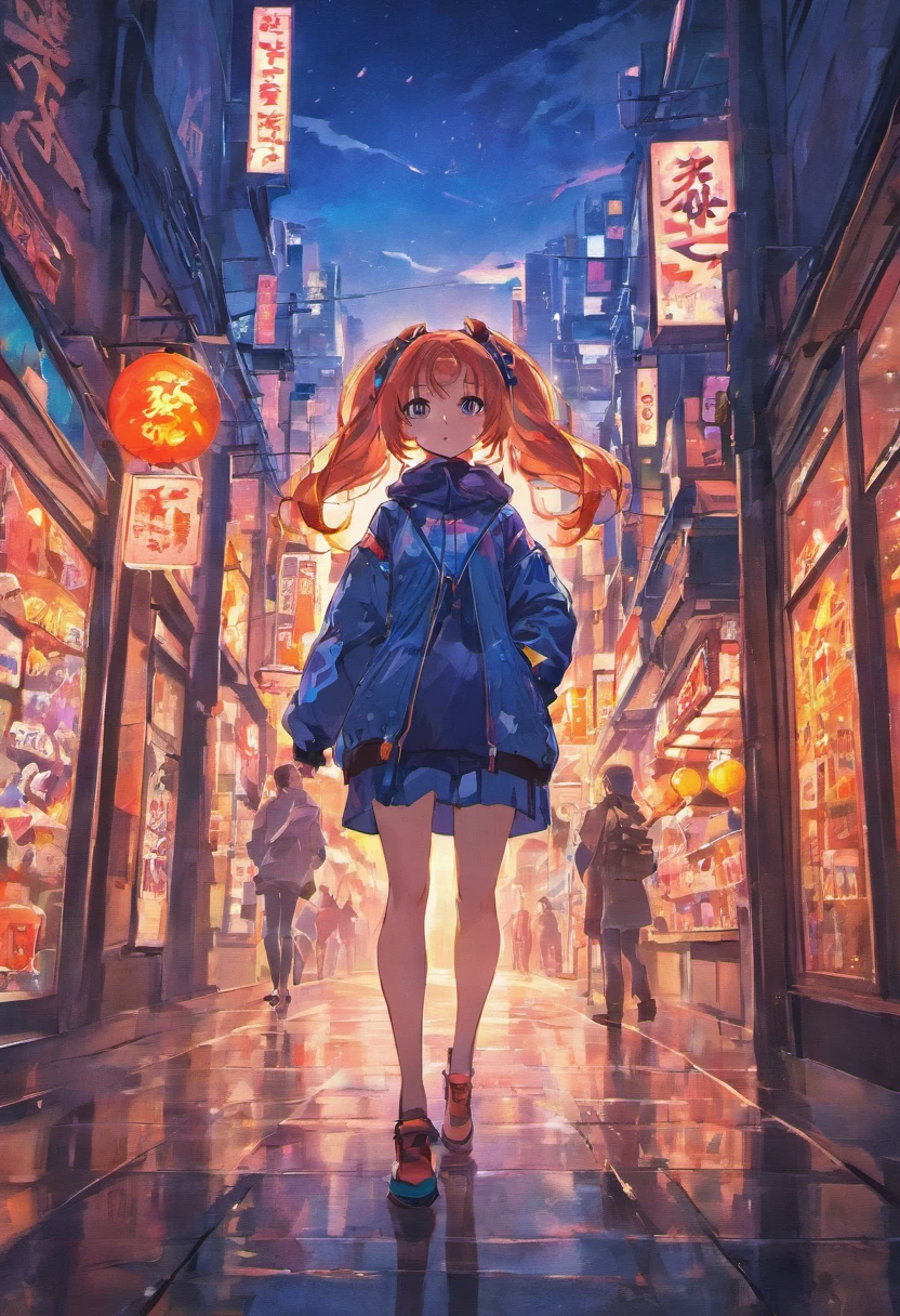 an anime girl with braids in the neon streets of tokyo