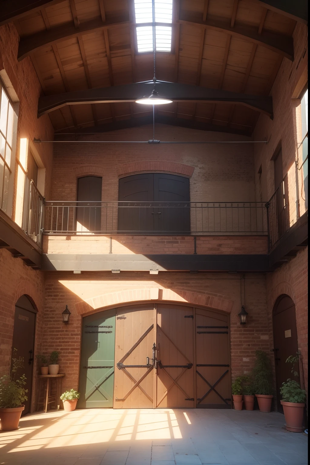 The Vintage Industrial Shed has a rustic and charming appearance, with bricks in sight reminiscent of old buildings. The façade is marked by large windows with wrought iron frames, permitindo a entrada de luz natural. The main entrance is highlighted by an aged solid wood door, conferindo um toque de autenticidade.