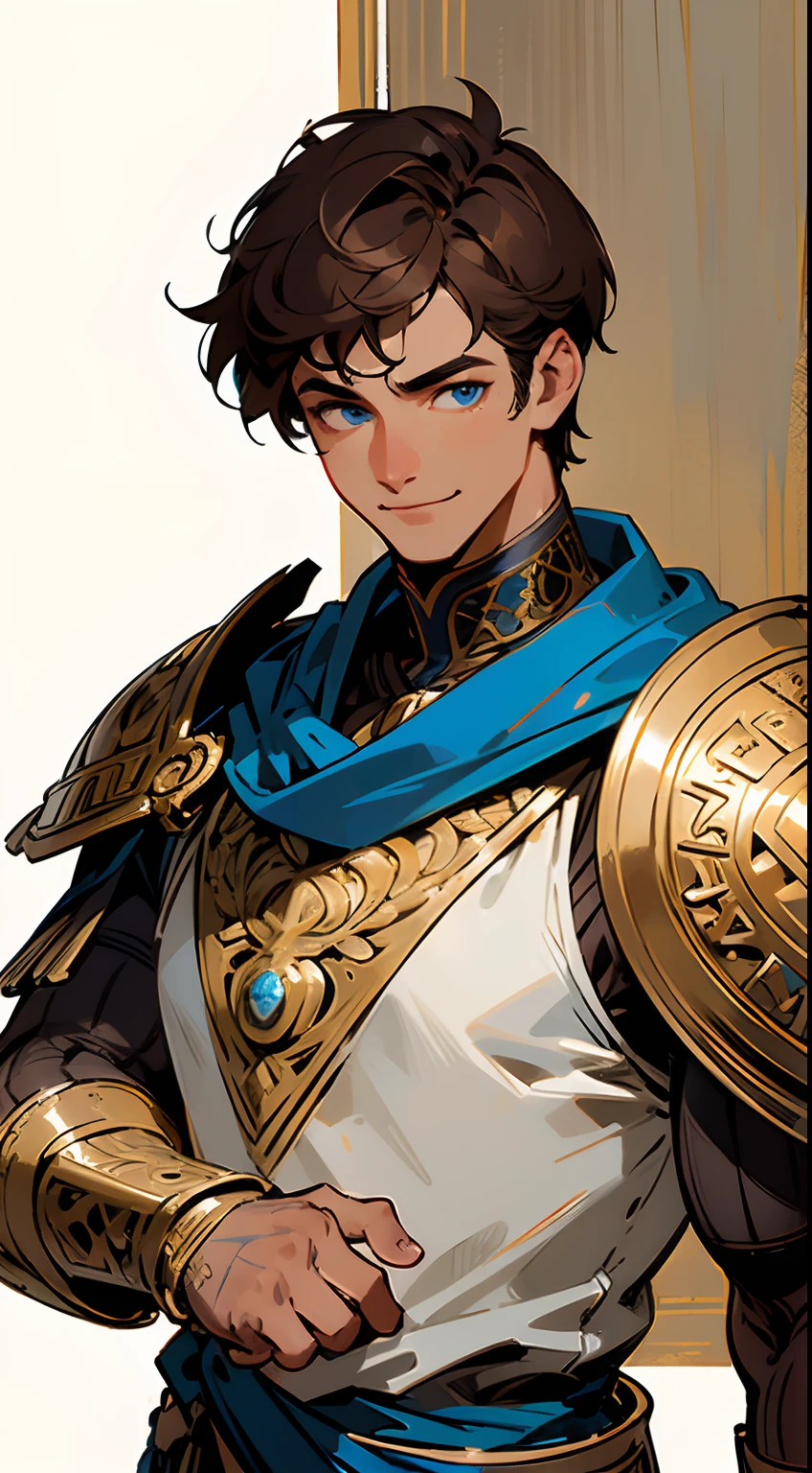 ((masterpiece,ultra-detailed, intricate details, best quality,illustration)),1man, solo, highres, looking at viewer, blue eyes, dark brown hair, short hair, smiling, wearing Ancient Greece armor, heroic, strong, very masculine, empowered, mature, tanned, detailed, vibrant colors, high contrast, dynamic lighting, realistic textures, illustration aesthetic