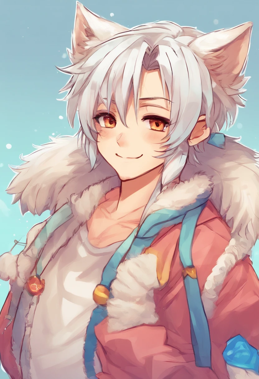 male with wolf ears and a wolf tail, long white hair with flowing long locks, has light beard, shirtless, wearing fingerless gloves, wearing worn jeans, is sweaty