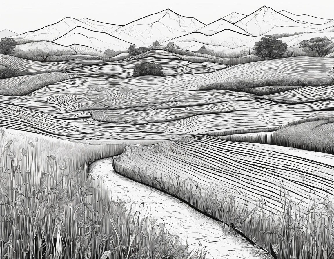 ・ a rice field with people working, plano aberto, rascunho, pencils, Make the most of the edges of the screen to place cyberpunk and other items reminiscent of a technical college。Make each line clear so it's easy to clean later ・ The color is in shades of gray, black and white、Em estilo cartunesco para esclarecer as falas