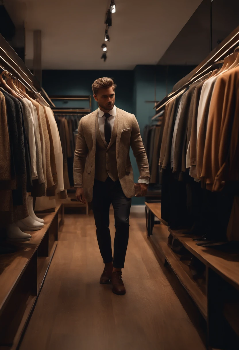 Man in a clothing store, his back is turned,(melhor qualidade,4k,8k,Altas,master part:1.2),ultra-detalhado,(Realistic,fotorrealista,photo-realistic:1.37),paredes texturizadas,prateleiras organizadas,clear lighting,cores vibrantes,atmosfera moderna e elegante,variedade de roupas exibidas