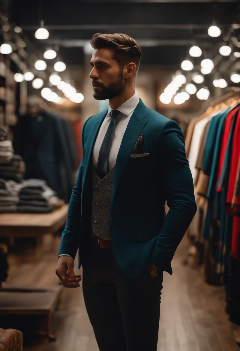 Man in a clothing store, his back is turned,(melhor qualidade,4k,8k,Altas,master part:1.2),ultra-detalhado,(Realistic,fotorrealista,photo-realistic:1.37),paredes texturizadas,prateleiras organizadas,clear lighting,cores vibrantes,atmosfera moderna e elegante,variedade de roupas exibidas