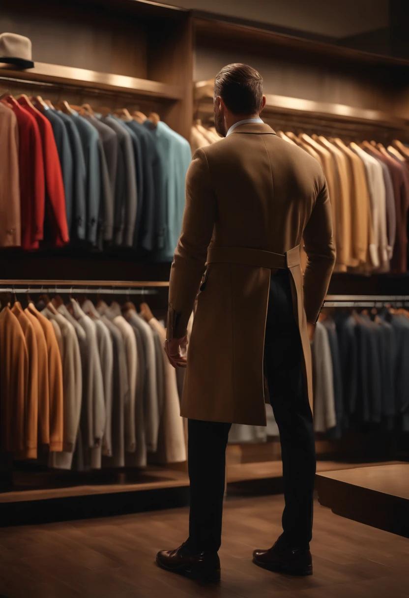 Man in a clothing store, his back is turned,(melhor qualidade,4k,8k,Altas,master part:1.2),ultra-detalhado,(Realistic,fotorrealista,photo-realistic:1.37),paredes texturizadas,prateleiras organizadas,clear lighting,cores vibrantes,atmosfera moderna e elegante,variedade de roupas exibidas