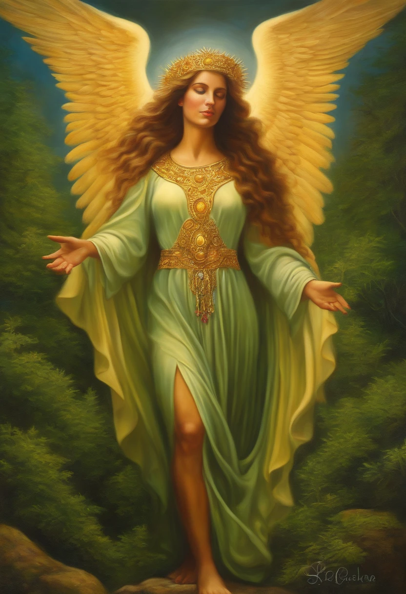 Kabbalistic Angel of Prosperity Pintura a óleo, realistic strokes, fundo de floresta encantada