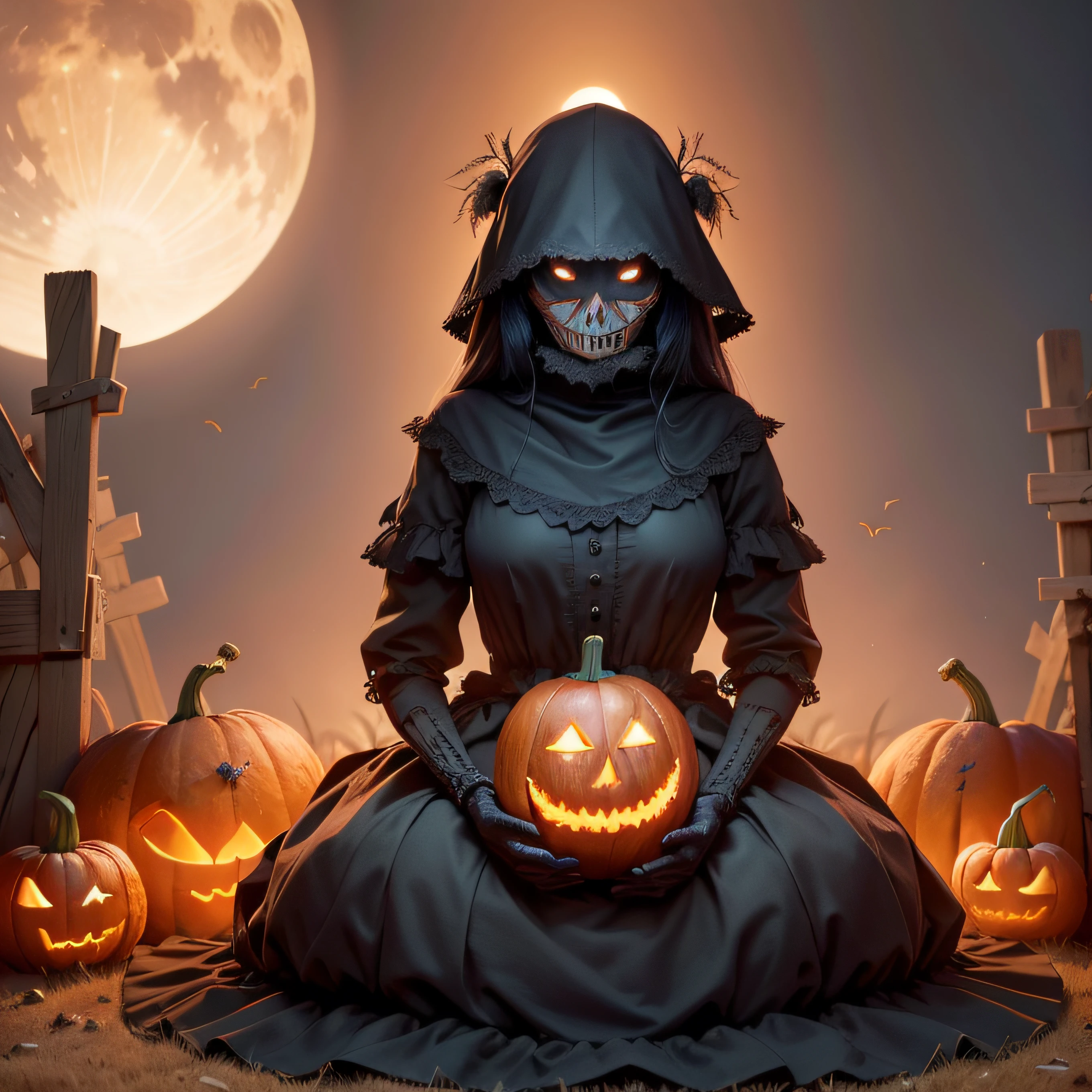 "(Highest picture quality), (Prioritizing the exceptional image quality and astonishing level of detail), generate an awe-inspiring (photorealistic:1.1) evil burlap pumpkin head scarecrow, scary, horror, night, skinny, stick hands, moonlight, hay, cornfield, crows, fall, pumpkins, Sharp focus, render, octane, detail, award-winning photography, masterpiece, rim lighting."
