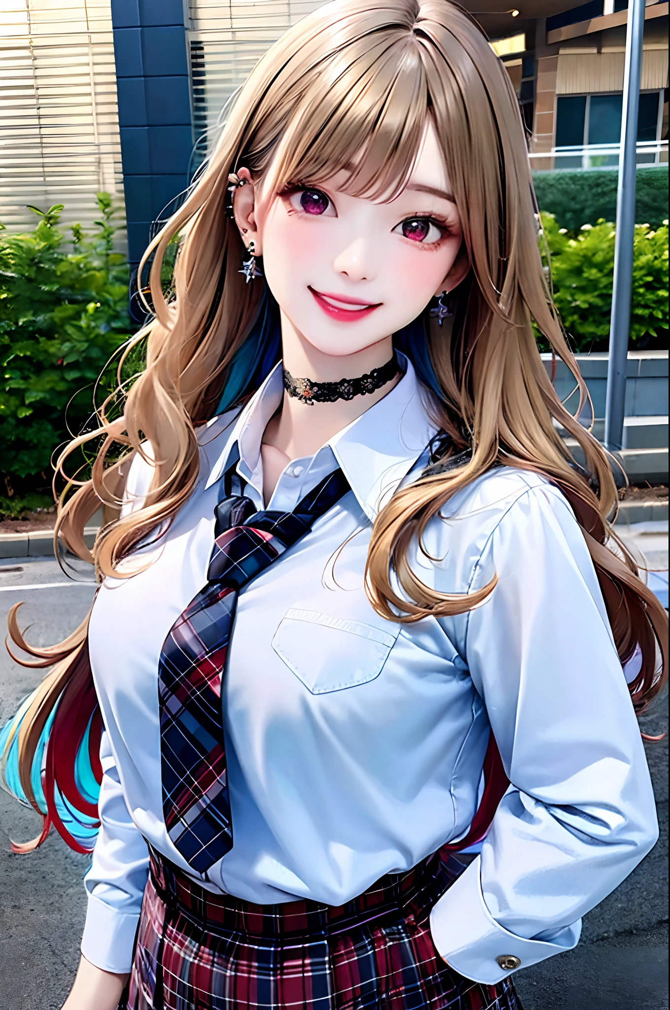 masterpiece, best quality, highres, kitagawa marin, 1girl, blonde hair, long hair, multicolored hair, red eyes, jewelry, earrings, piercing, school uniform, white shirt, tied shirt, black choker, blue necktie, plaid skirt, grin, smile, standing, cowboy shot, outdoors,realistic