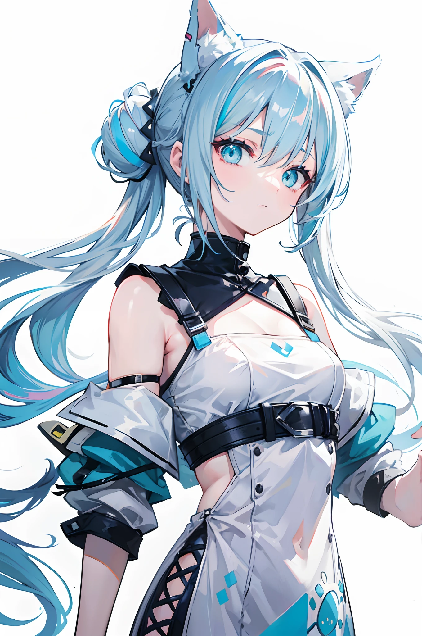 Best Quality,High resolution,8k,(plain white background, no patterns, no textures, just a plain white background:1.3),Masterpiece:1.2),beautiful girl,(focus face),Shiny light blue hair,messy hair,Beautiful light blue eyes,A girl with a cute face, dressed in a glossy, high-shine outfit that highlights the concept of "absolute territory" (zettai ryouiki). She wears a mini skirt and knee-high socks with a sleek, reflective finish. Her top has a smooth, shiny surface, adding to the overall shine. Her eyes are glossy, and her accessories, such as earrings and a necklace, also have a glossy appearance. The background is pure white, emphasizing the shiny, polished look of her entire outfit and features,Gentle look,A refreshing look,smile,Best quality,Best Quality,Aesthetic and aesthetic:1.2,Best details((Super detailed))(High-definition CG illustrations),Slender body