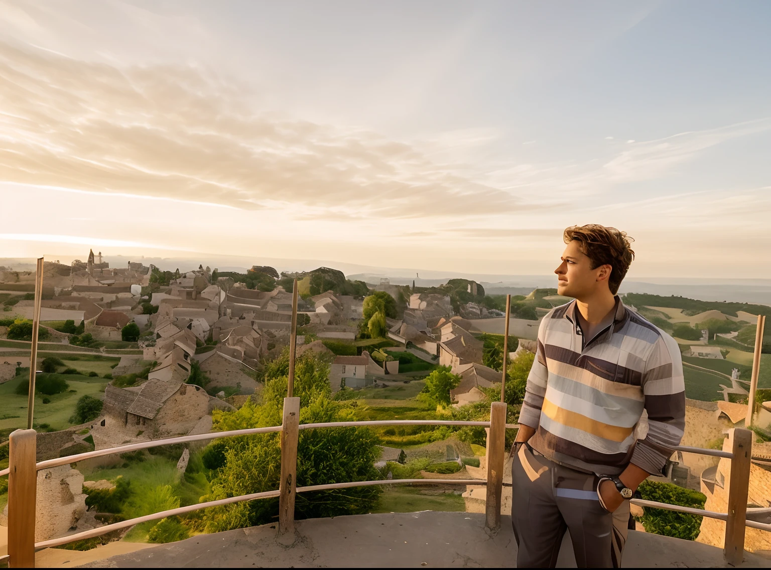 there is a man standing on a balcony looking out over a town, with village, distant full body view, with a city in the background, scenic view, village in the background, in a village, chill time. good view, landscape view, at an ancient city, town in the background, city in background, distant view, beautiful view, above a village