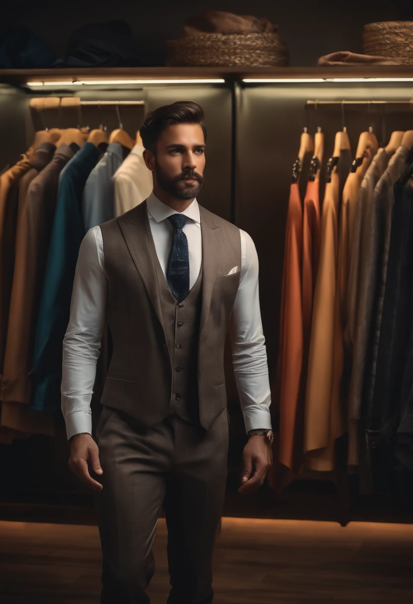 Man in a clothing store, his back is turned,(melhor qualidade,4k,8k,Altas,master part:1.2),ultra-detalhado,(Realistic,fotorrealista,photo-realistic:1.37),paredes texturizadas,prateleiras organizadas,clear lighting,cores vibrantes,atmosfera moderna e elegante,variedade de roupas exibidas