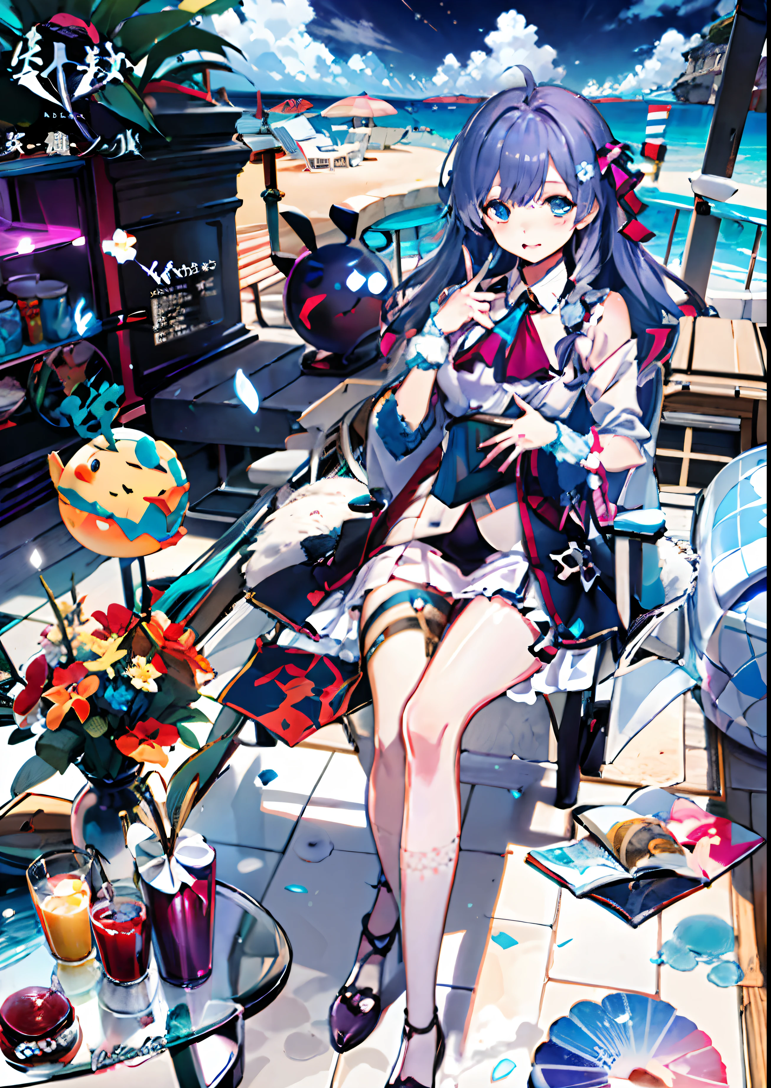 Anime girl sitting in chair，There is a glass table and vase, wallpaper anime blue water, Official artwork, Best anime 4k konachan wallpaper, anime moe art style, trending on artstation pixiv, azur lane style, By Yuumei, high detailed official artwork, offcial art, A scene from the《azur lane》videogame, Pixiv style, Azure Ocean