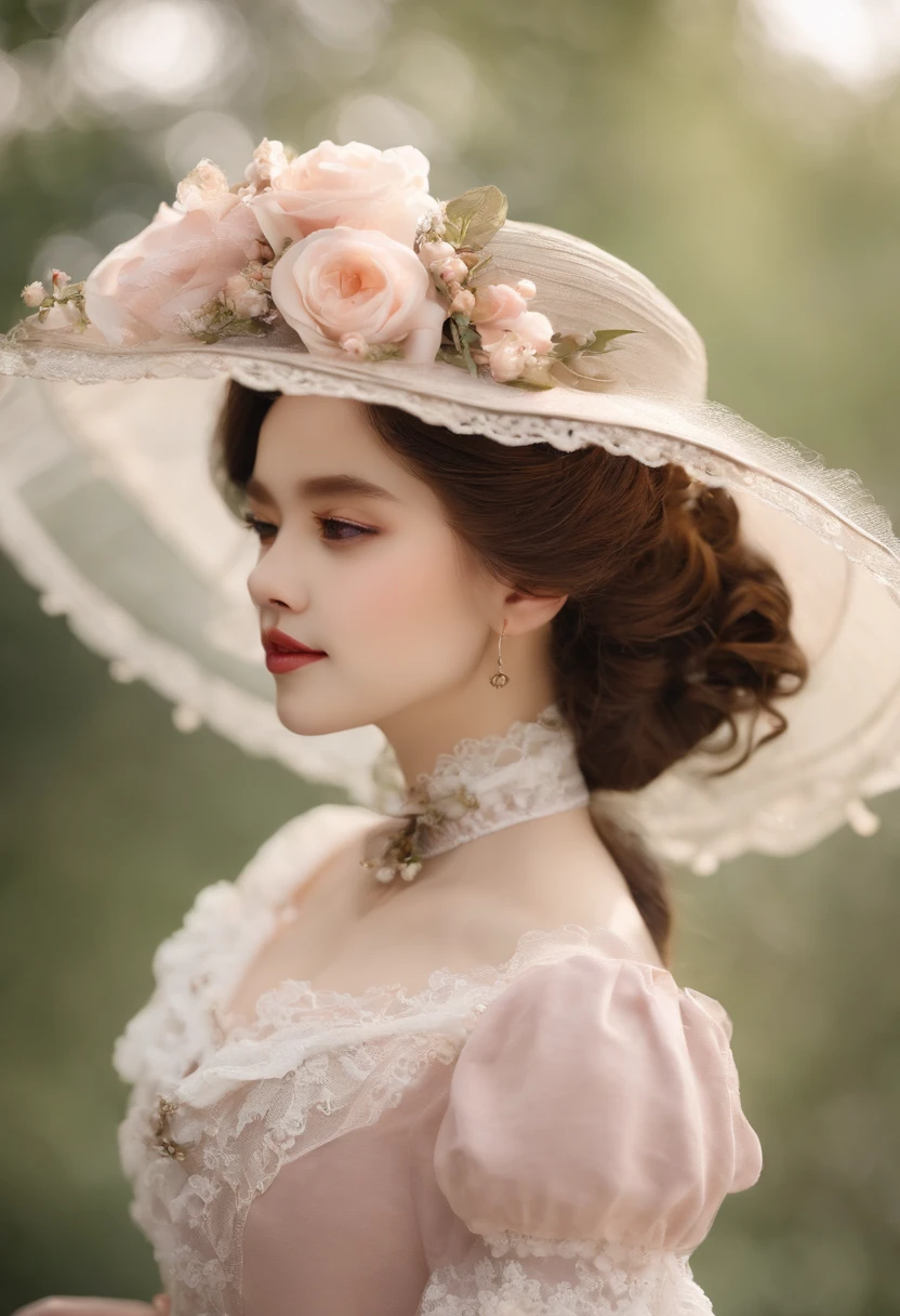 Young pretty girl in Victorian style、Gamine、 1. lo fashion: Victorian fashion is characterized by dressy and elegant design。Ruffles and laces、corsets、Try incorporating elements such as long dresses。 2. hairstyle on: Women's hairstyles in the Victorian era are often complex and delicate。Upstyling and curling、It is also a good idea to add ribbons and floral ornaments to the hair.。 3. Features: Girl's facial features with soft features、Beautie、kawaii、Beautiful 5. accessorized: Accessories played an important role in the Victorian era。Hats、choker necklace、gloves、umbrellas, etc.、By drawing accessories with attention to detail、You can give your character personality。 Nice dress、florals、Luxurious costumes、pink there、PastelColors
