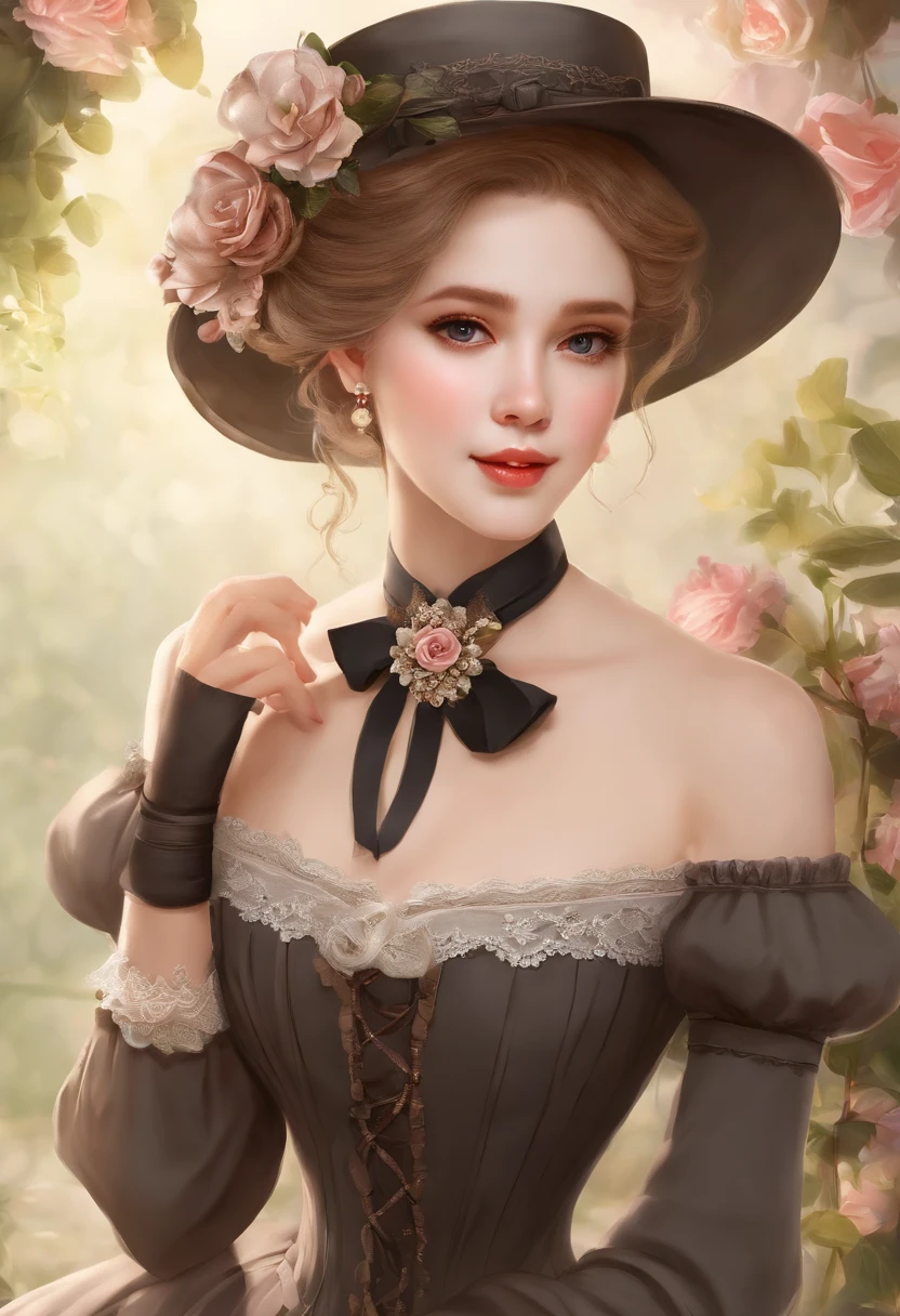 Young pretty girl in Victorian style、Gamine、Young Child 1. **lo fashion**: Victorian fashion is characterized by dressy and elegant design。Ruffles and laces、corsets、Try incorporating elements such as long dresses。 2. **hairstyle on**: Women's hairstyles in the Victorian era are often complex and delicate。Upstyling and curling、It is also a good idea to add ribbons and floral ornaments to the hair.。 3. **Features**: Girl's facial features with soft features、Beautie、kawaii、Beautiful 5. **accessorized**: Accessories played an important role in the Victorian era。Hats、choker necklace、gloves、umbrellas, etc.、By drawing accessories with attention to detail、You can give your character personality。 Nice dress、florals、Luxurious costumes、pink there、PastelColors
