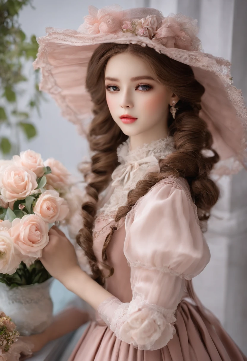 Young pretty girl in Victorian style、Gamine、Young Child 1. **lo fashion**: Victorian fashion is characterized by dressy and elegant design。Ruffles and laces、corsets、Try incorporating elements such as long dresses。 2. **hairstyle on**: Women's hairstyles in the Victorian era are often complex and delicate。Upstyling and curling、It is also a good idea to add ribbons and floral ornaments to the hair.。 3. **Features**: Girl's facial features with soft features、Beautie、kawaii、Beautiful 5. **accessorized**: Accessories played an important role in the Victorian era。Hats、choker necklace、gloves、umbrellas, etc.、By drawing accessories with attention to detail、You can give your character personality。 Nice dress、florals、Luxurious costumes、pink there、PastelColors