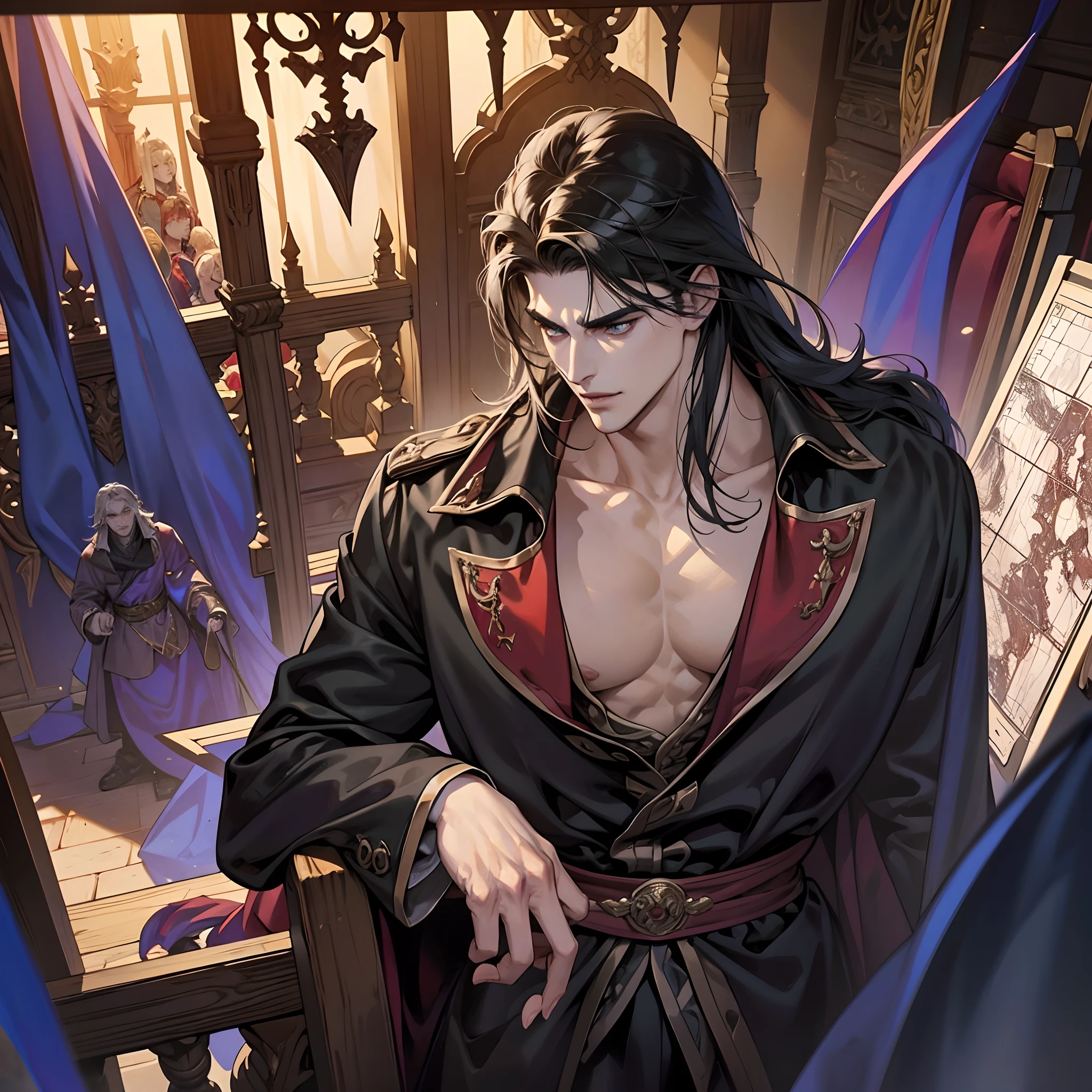 Castlevania Shadow Lord handsome muscular Lord Dracula in the throne room with his soldiers looking into Map of Conquest discussing two lords showing greatness old scenes from cinematic scrolls movie Legendary epic perspective