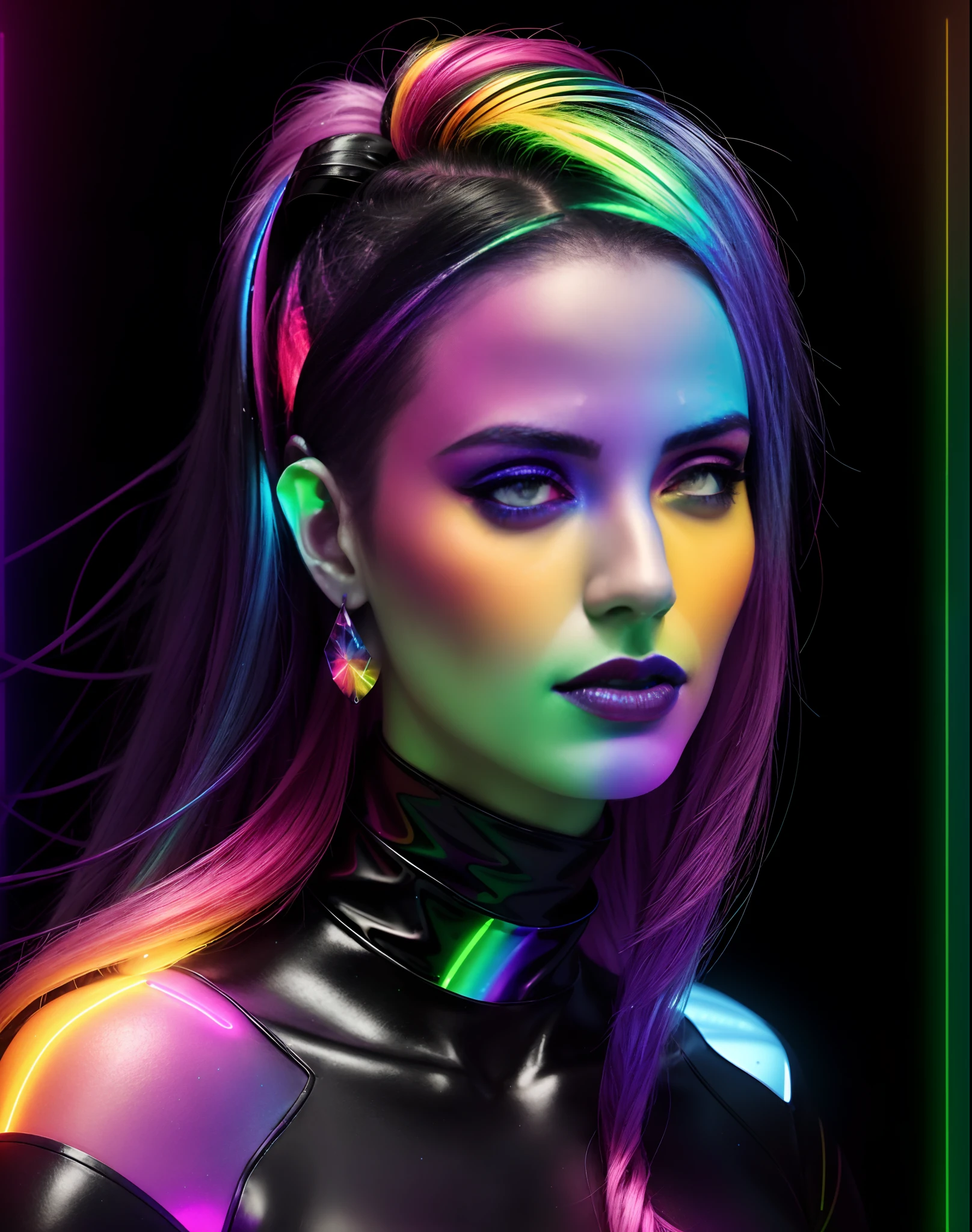 Arafed woman with black top and colorful makeup, Glowing rainbow face, glowing with colored light, color photograph portrait 4k, rainbow skin, Futuristic portrait of a woman, Rainbow image lighting, Colorful glow, Colorful photo, Portrait of a Glowwave Girl, Dark, bright colors, iridescent # Figurative realism, portrait beautiful sci - fi girl, Colorful and dark