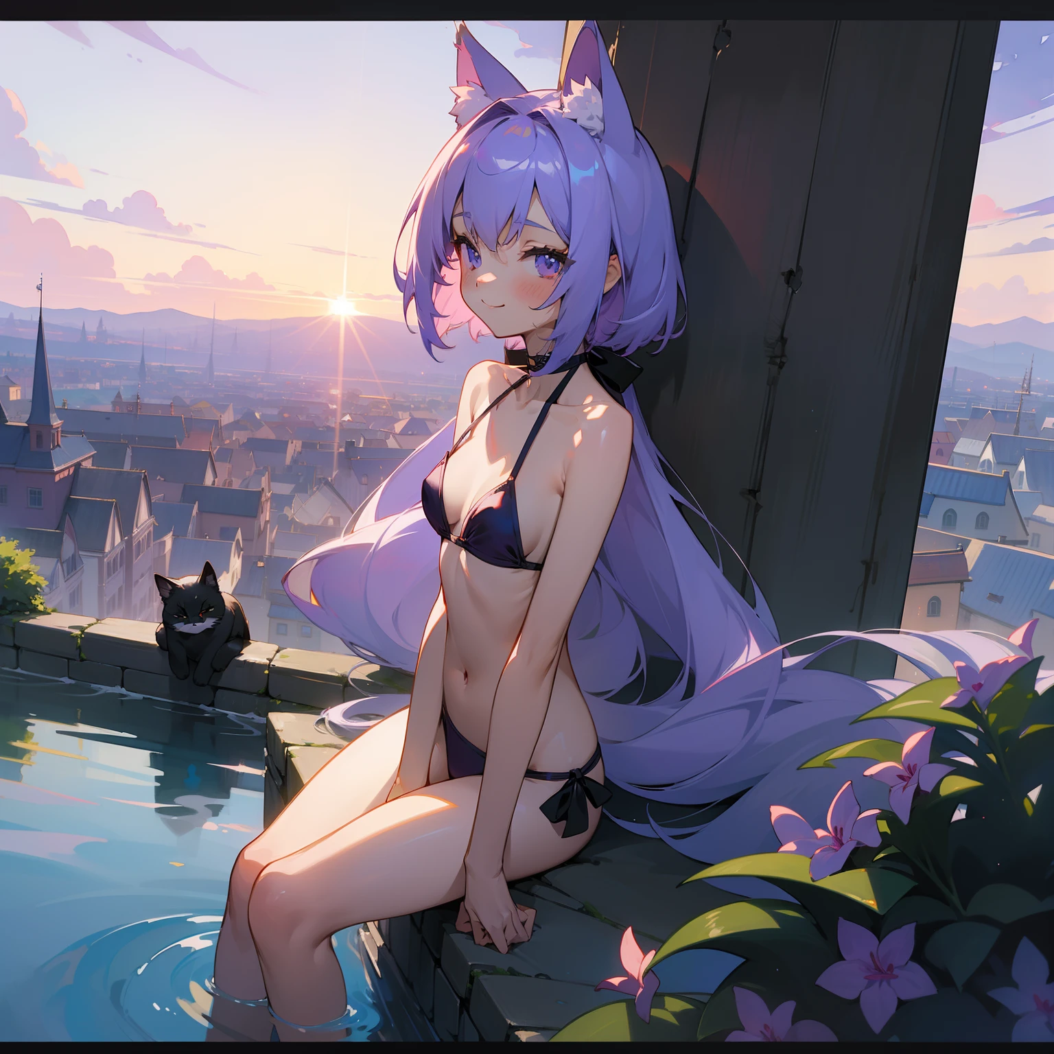 (8k, best quality, masterpiece:1.2),(best quality:1.0), (ultra highres:1.0), watercolor, 2D anime, wide-angle, Fantasia、beautiful dusk、Sitting on the outer wall、Cute smiling beautiful girl with lilac fluffy medium bob and black cat ears、Slender small breasts、Wearing only a small purple bikini