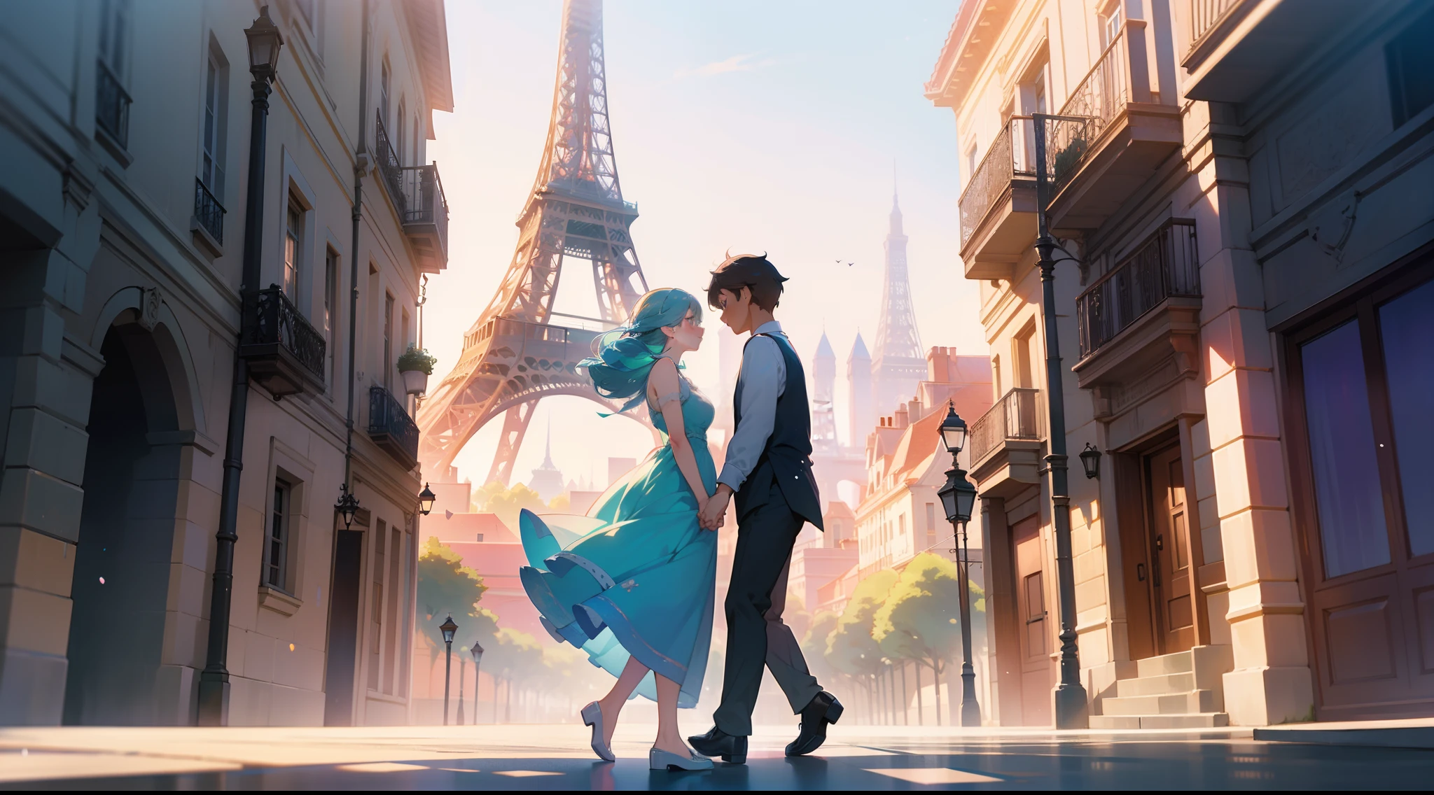 A beautiful couple is walking in a typical French street with the Eiffel tower in the background, elegant summer clothes, clear sunny day, high resolution, high definition, intricate details, dynamic composition, pastel colors, panoramic view, full body shot, soft lighting, bokeh, anime style