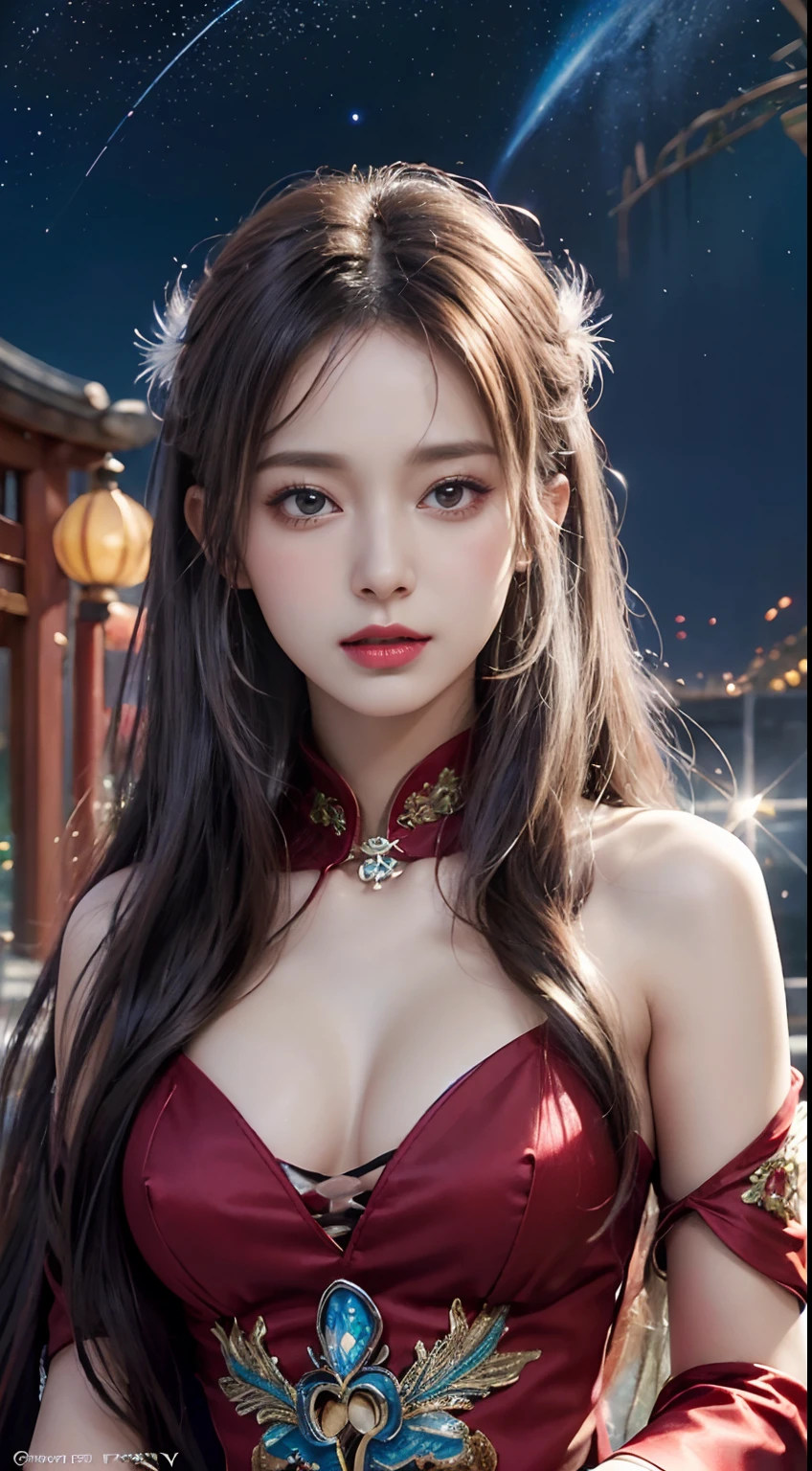 (masutepiece, of the highest quality, Best Quality, Ultimate Detail, Supreme Detail, Official art, Beauty and aesthetics: 1.2), Asian Girl, Rust, Waiting to return, Bare thighs, Bare pubic hair, hyoon , Exposing beautiful pubic hair, Color, upperbody shot, Beautiful face, Solo, Perfect figure, Flying in the sky, Portrait of a girl, Silver Gradient Hair, Brunette hair, fairy tail, Flowing streamer, (Sexy, Display Format, Show your: 10), Sun rays, Clouds, Hanfu, chinese clothes, Water, fireflys , Night, Starry sky, Jewelry, Feathers in the dress, Peacock feathers, light Particle, Volumetric lighting, Ray tracing (Flowing streamer: 1.1), (Fantasy: 1.2), Illuminator, Stars, Fantasy, High contrast, Ink strokes, Overexposure, purple and red tone impressions, Abstract, (Watercolor by Barkey and Jeray Meyman)) brushstrokes,