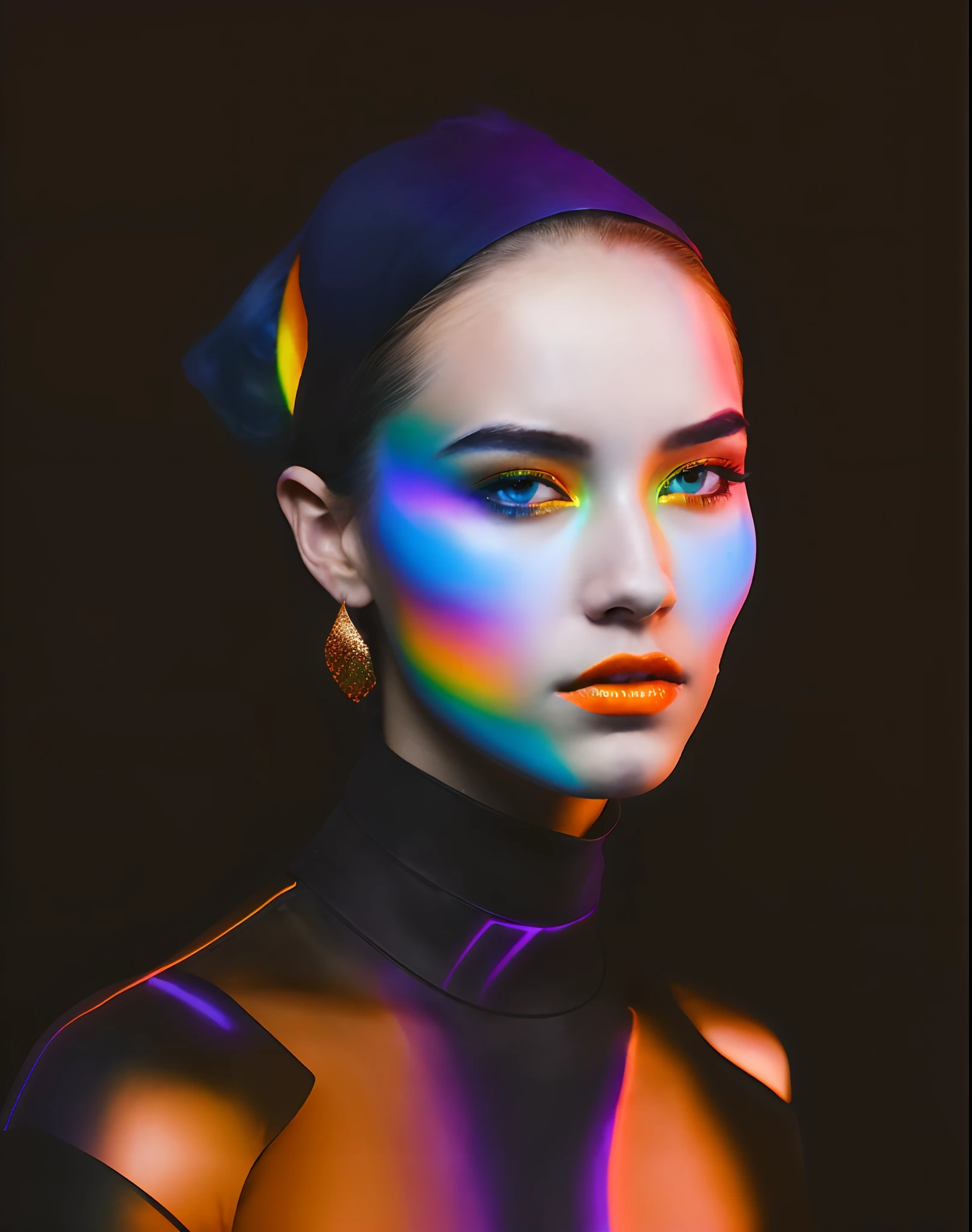 Arafed image of a woman with bright makeup and a black top, Glowing rainbow face, rainbow skin, Rainbow illustration, glowing with colored light, color photograph portrait 4k, Futuristic portrait of a woman, inspired by Russell Dongjun Lu, iridescent # Figurative realism, Portrait of a Glowwave Girl, inspired by Yanjun Cheng, Rainbow image lighting