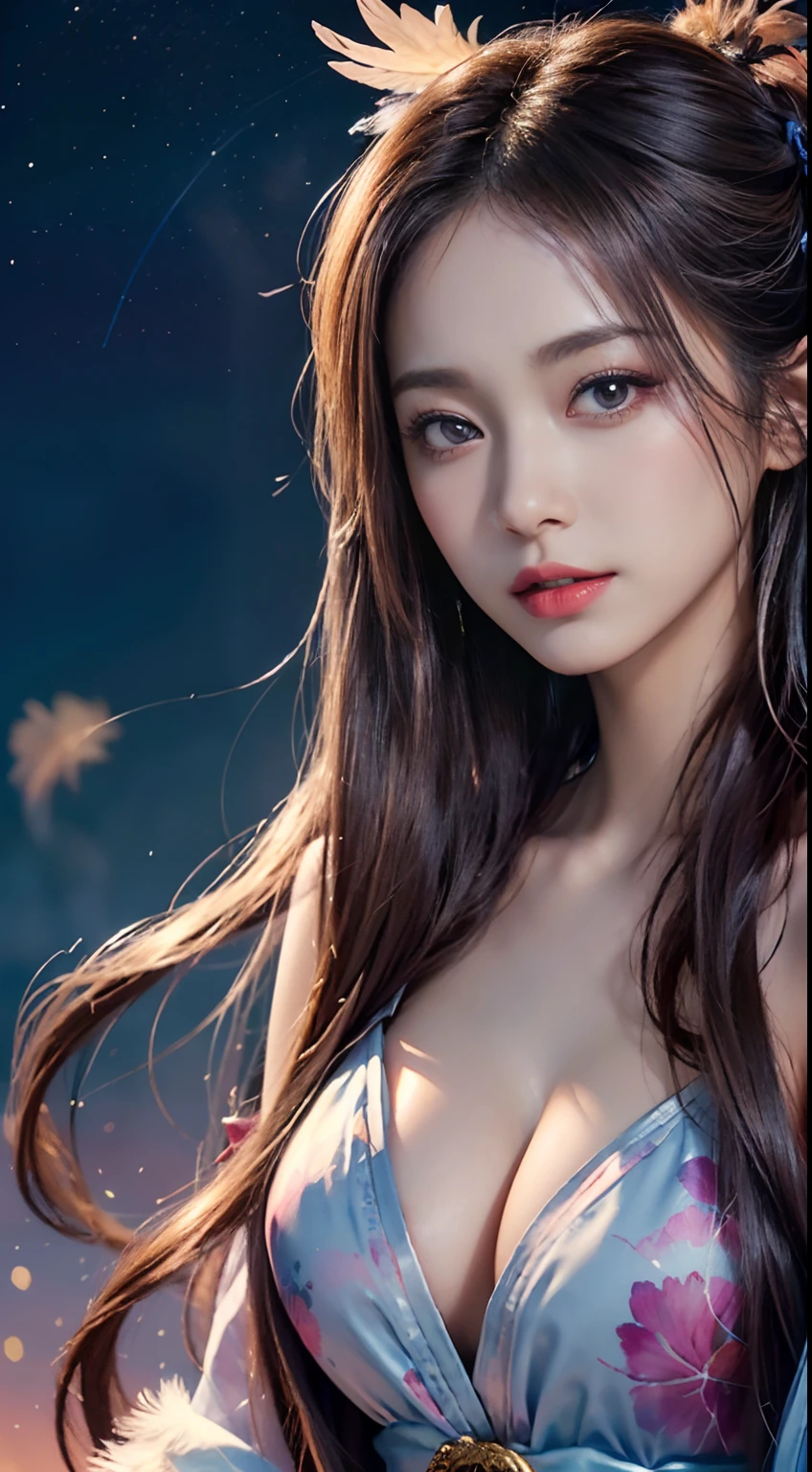 (masutepiece, of the highest quality, Best Quality, Ultimate Detail, Supreme Detail, Official art, Beauty and aesthetics: 1.2), Asian Girl, Rust, Waiting to return, Bare thighs, Bare pubic hair, hyoon , Exposing beautiful pubic hair, Color, upperbody shot, Beautiful face, Solo, Perfect figure, Flying in the sky, Portrait of a girl, Silver Gradient Hair, Brunette hair, fairy tail, Flowing streamer, (Sexy, Display Format, Show your: 10), Sun rays, Clouds, Hanfu, chinese clothes, Water, fireflys , Night, Starry sky, Jewelry, Feathers in the dress, Peacock feathers, light Particle, Volumetric lighting, Ray tracing (Flowing streamer: 1.1), (Fantasy: 1.2), Illuminator, Stars, Fantasy, High contrast, Ink strokes, Overexposure, purple and red tone impressions, Abstract, (Watercolor by Barkey and Jeray Meyman)) brushstrokes,