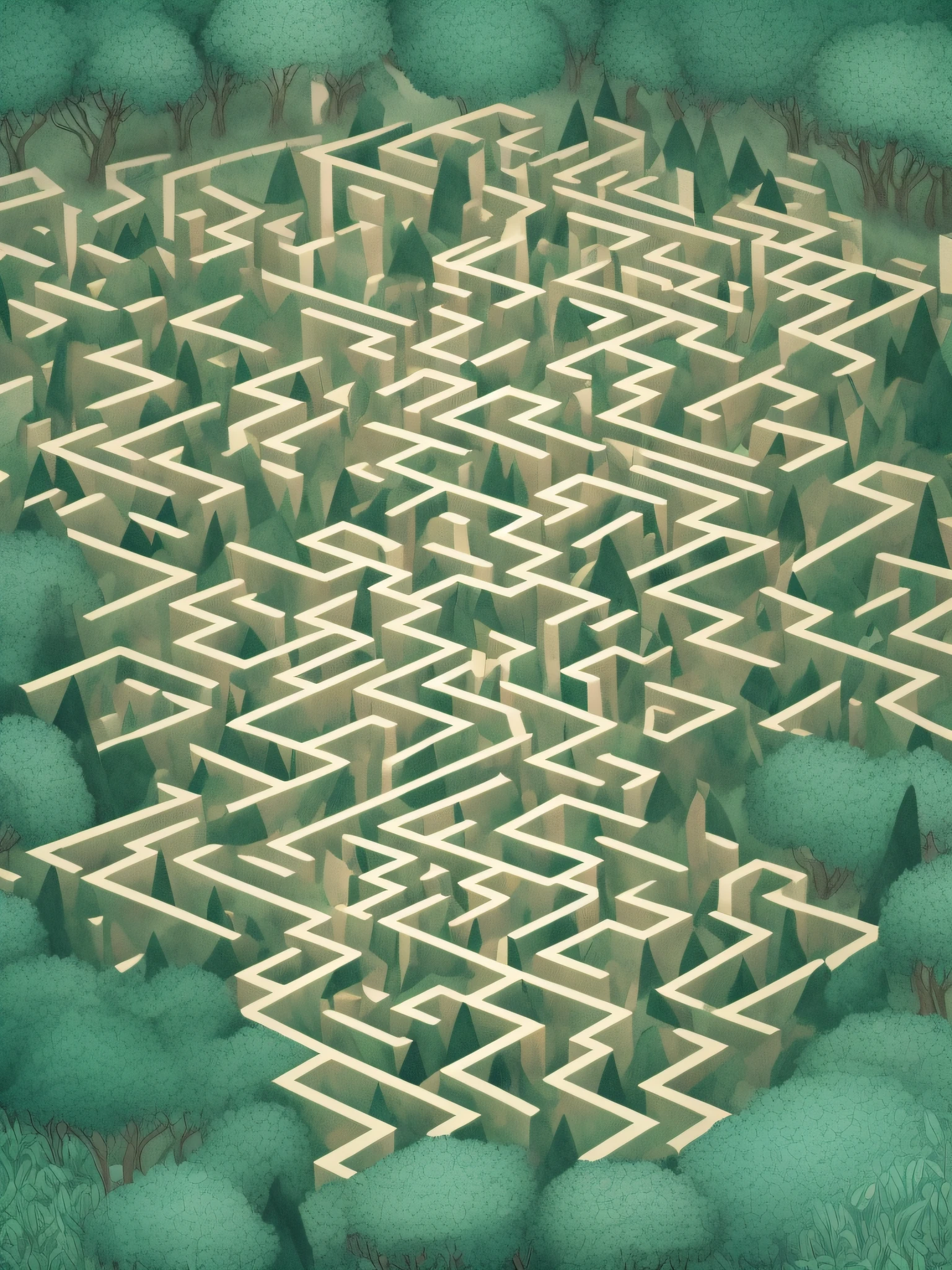 A giant maze seen from the sky　magical forest　picture book-style　illustratio