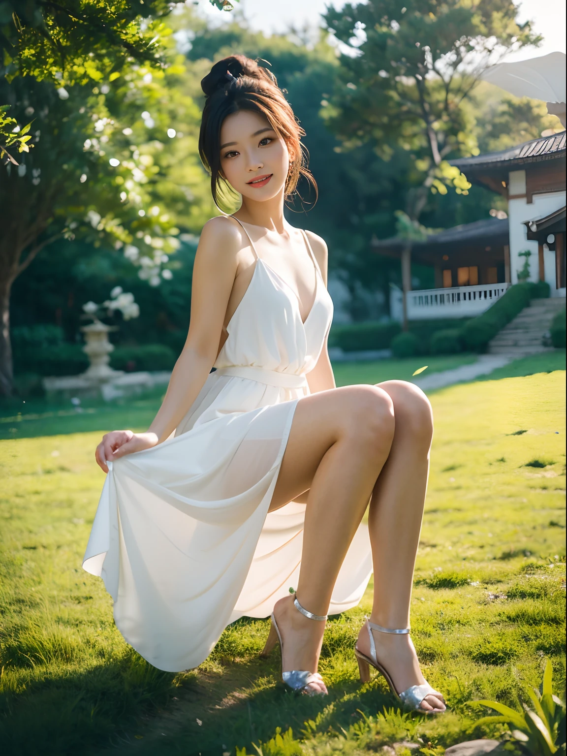 ,Masterpiece, Best quality,8K, 超高分辨率,Reallightandshadow,Cinema lenses,(beautidful eyes:1.1), ((中景 the scene is,The upper part of the body)),dynamicposes,On a green meadow,The gentle goddess came with gentle steps。She wore a white dress,A gentle breeze blows,The skirt dances lightly。The sun shone through the leaves in her hair,Reflecting her clear eyes and gentle smile。Colorful butterflies flutter around her,Flowers bloomed at her feet,It was as if nature was cheering for her。