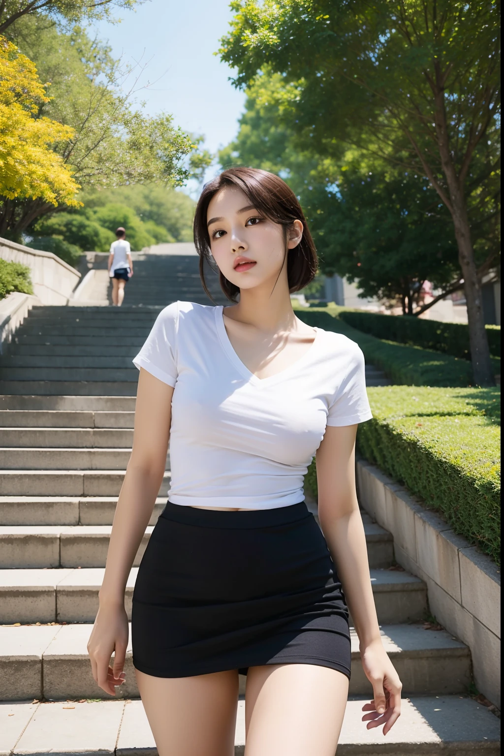 {
"scene": {
"location": "a park",
"angle": "from below",
"character": {
"type": "human",
"gender": "female",
"age": "college student:1.5",
"clothing": "miniskirt, V-neck T-shirt with a low-cut chest"
}
},
"action": {
"actionCharacter": "the character",
"action": "climbing stairs"
}
}
In a park, from below, there is (a college student :1.5) who is climbing stairs.
BREAK
She is wearing a miniskirt and a V-neck T-shirt with a low-cut chest.