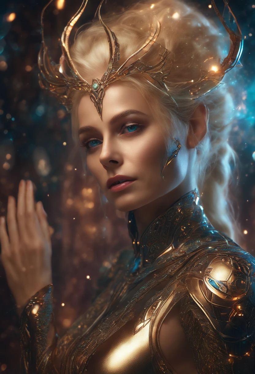Blonde elf despairing at the sight of her cybernetic arms, glowing light eyes, Biomechanical, eerie, Creepy, nightmarish, Very bright colors, Light particles, with light glowing, Mshiff, wallpaper art, UHD wallpaper