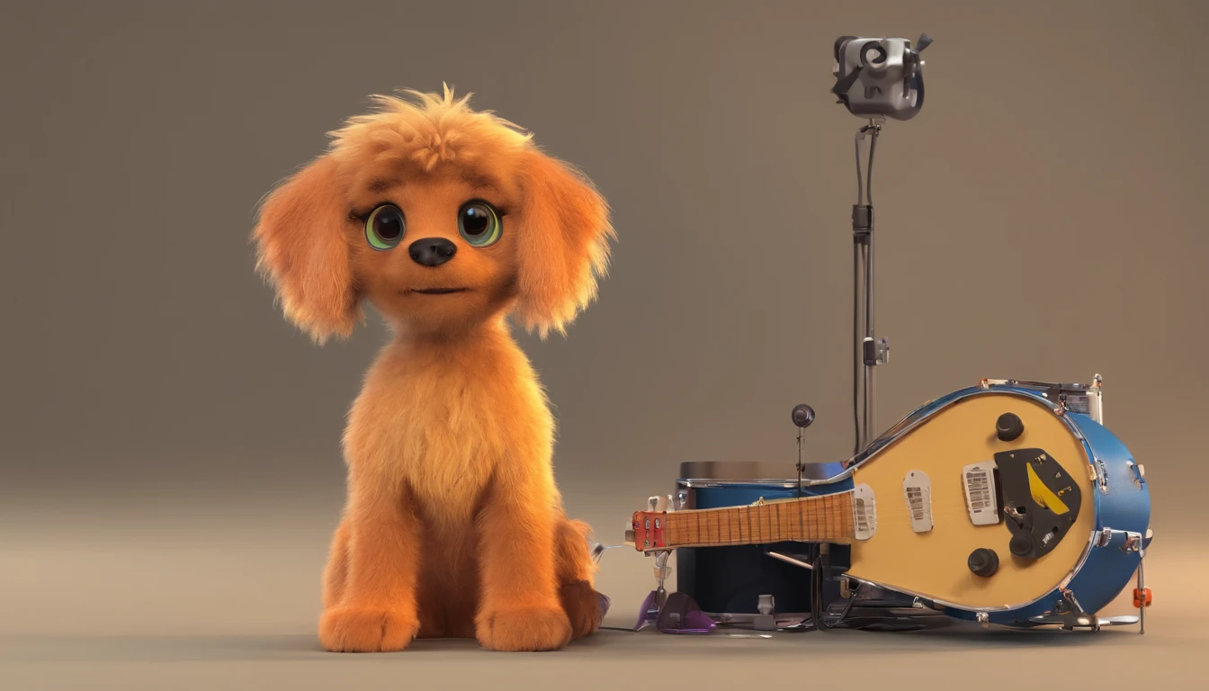 Rock puppy,Rock music,plays the guitar,DJ,o cachorrinho,hippy,full bodyesbian,pointy footwear,ball room,crowd of,Focus on the puppy,OC renderer