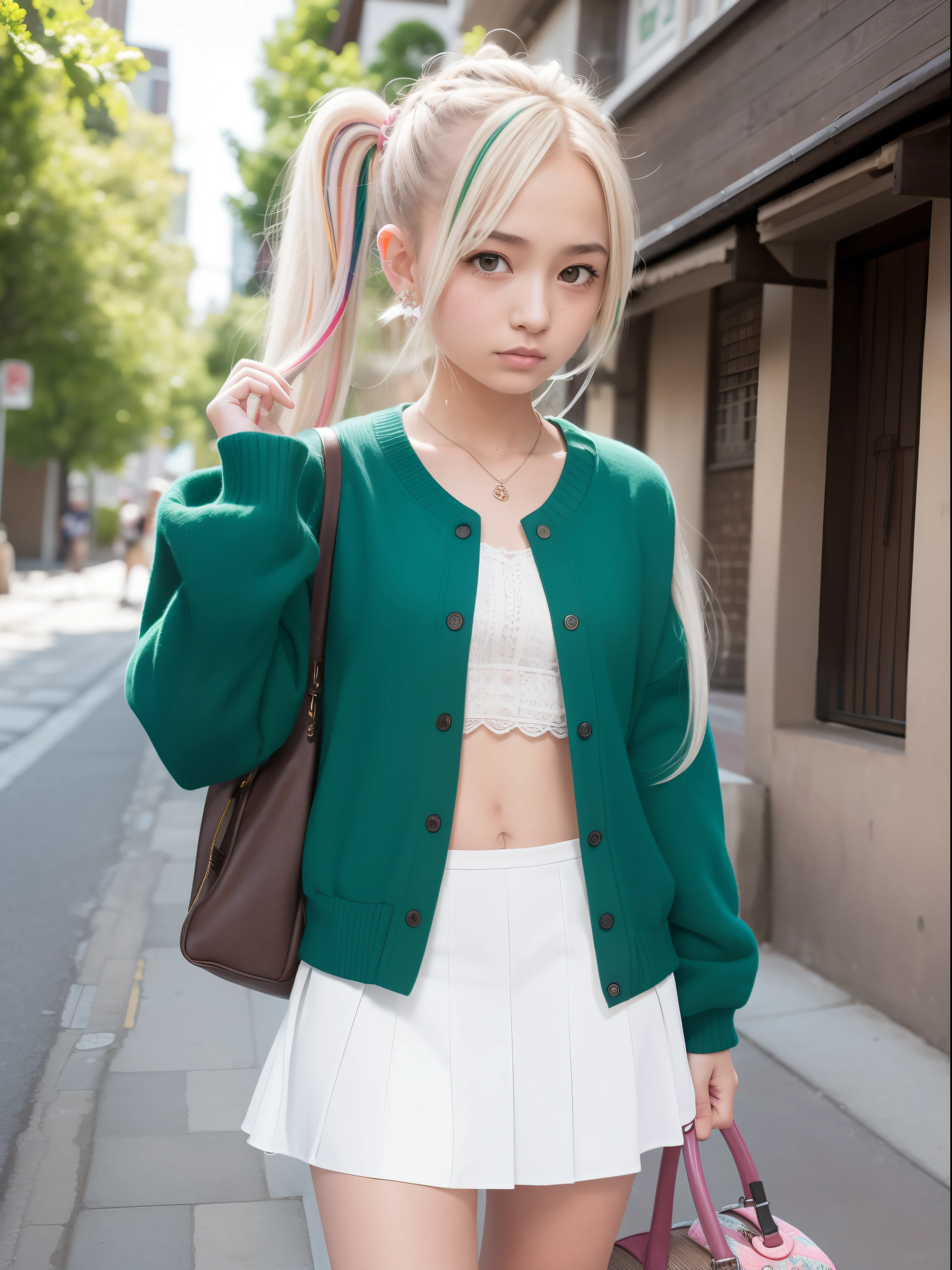 a 18 year old girl,masutepiece , Best Quality,Nahida(GenshinImpact) ,1girl in , tiny chest,Long hair ,Side Ponytail, Hair Ornament , White hair , Green hair , hand behind head:1.5,multicolored hair, elf , pointy ear , School summer clothes , Wearing a miniskirt ,schools , Street,looking at the viewers